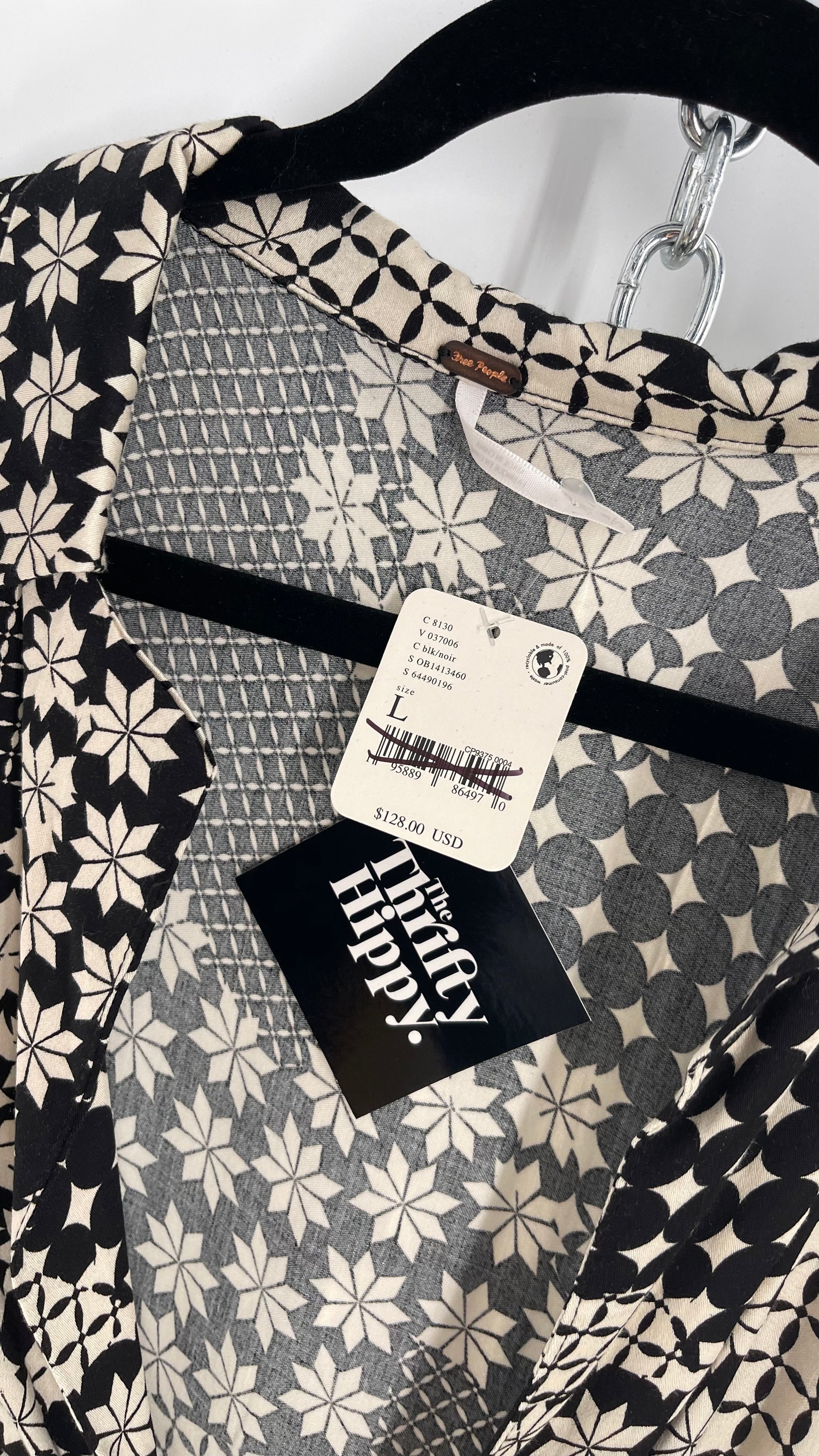 Free People Tie Front Cut Out Black/White Patterned Mini Dress with Ta The Thrifty Hippy Free People Tie Front Cut Out Black/White Patterned Mini Dress with Ta The Thrifty Hippy