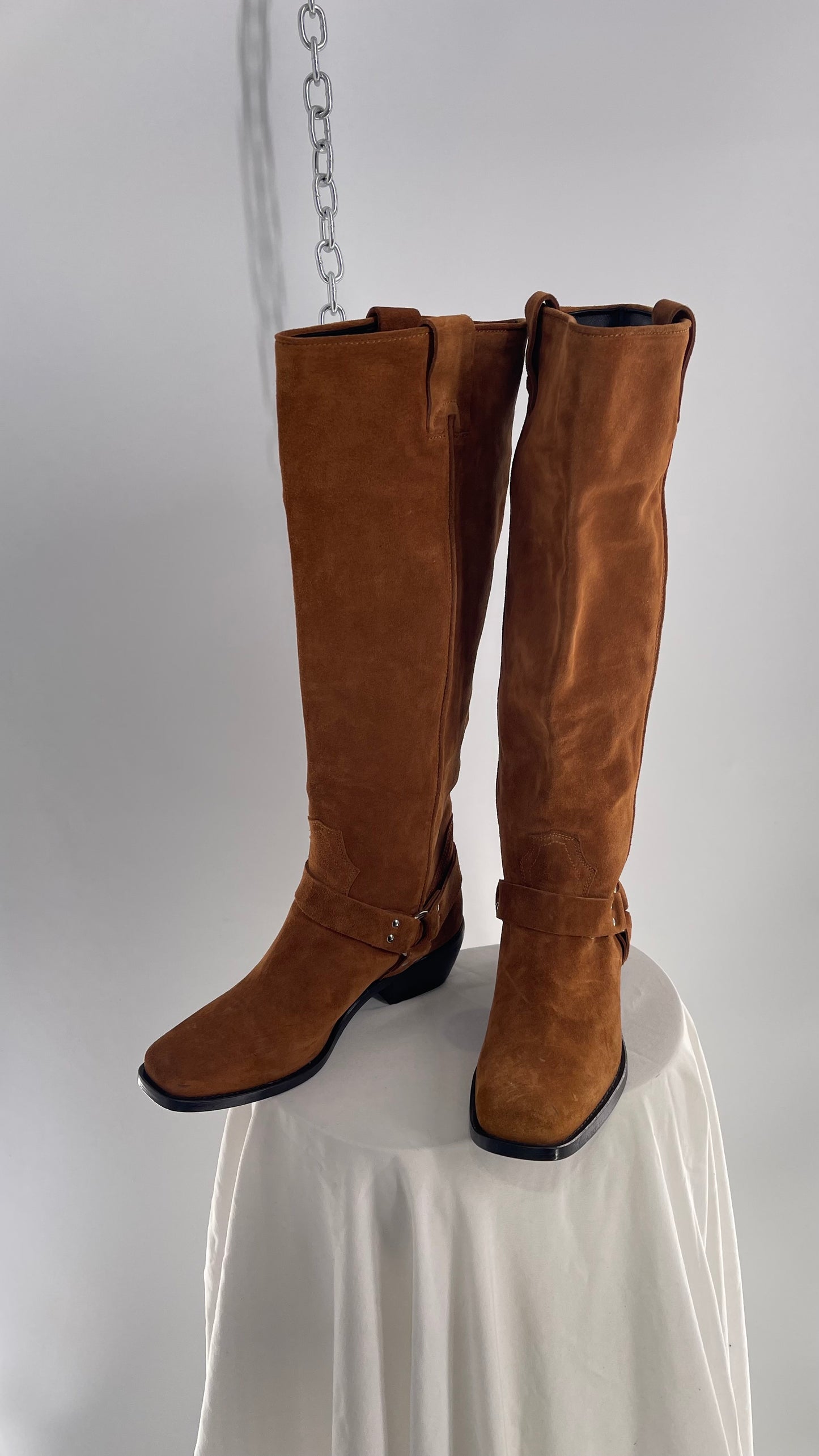 Free People Lockhardt Harness Thick Suede Leather Square Toe Knee High Boot (37)