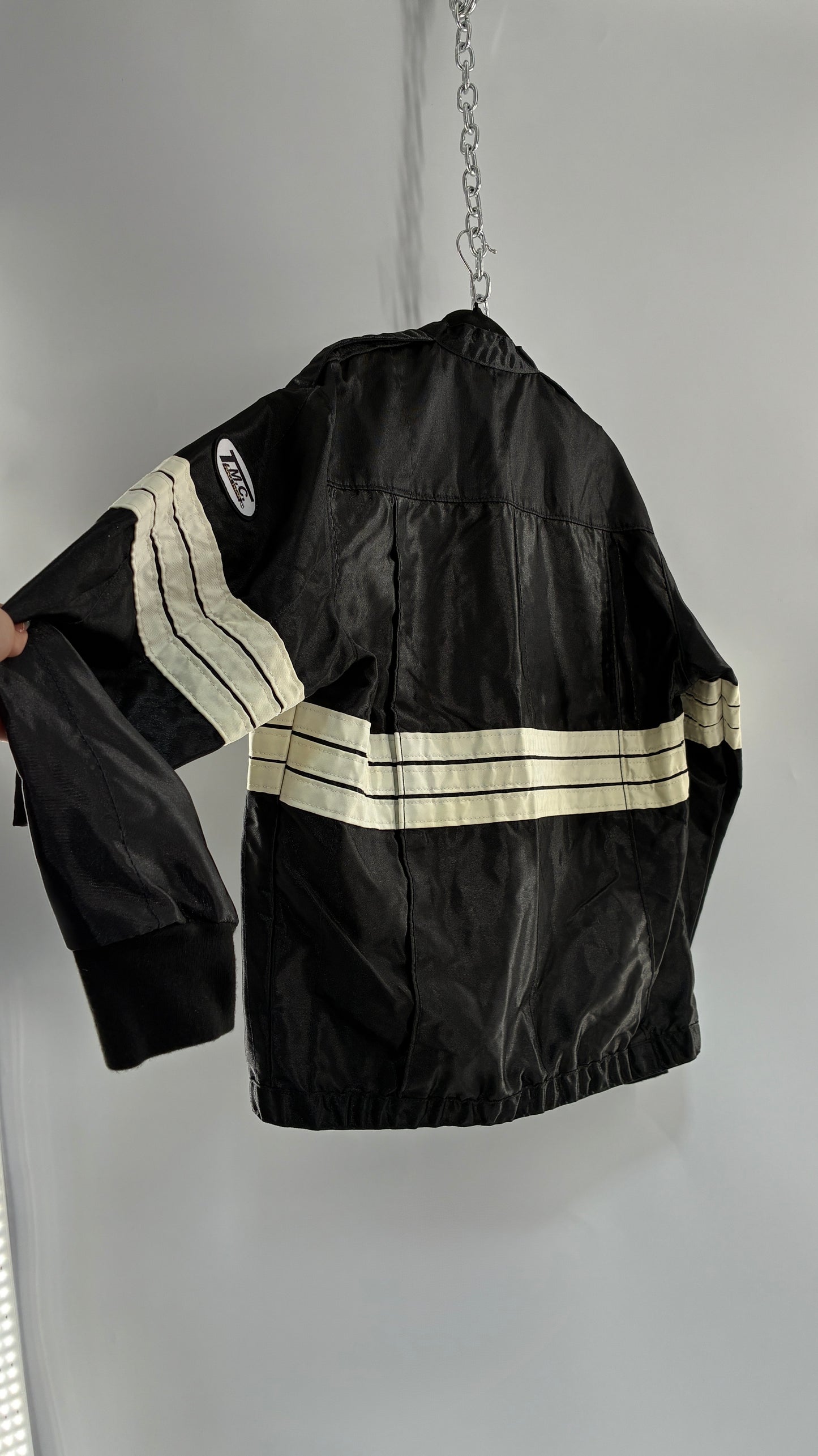 Vintage TMC RACING Black Jacket with White Striped Detailing (Large)