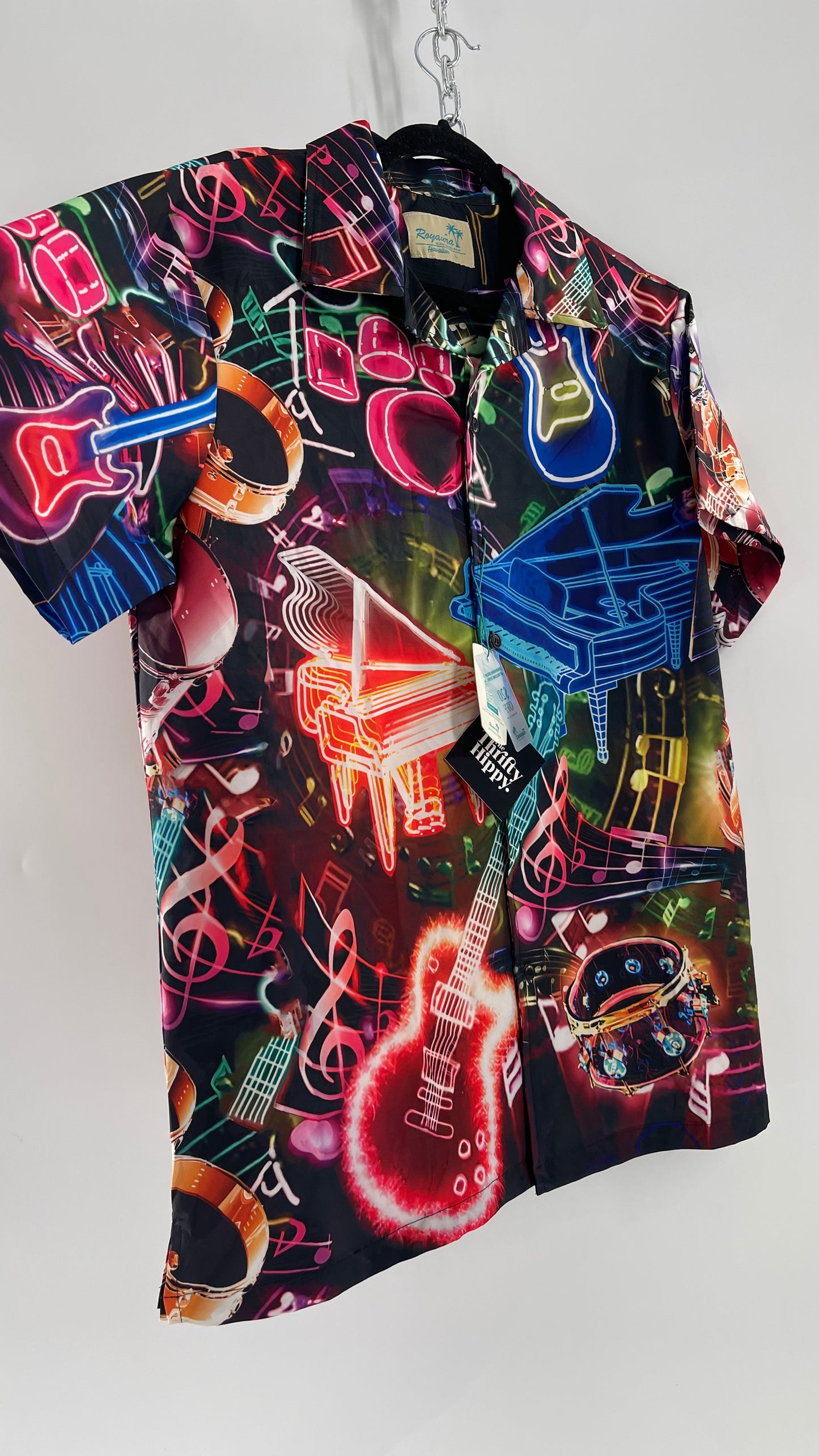 Deadstock Vintage Neon Music Motif Short Sleeve Button Up (Large)