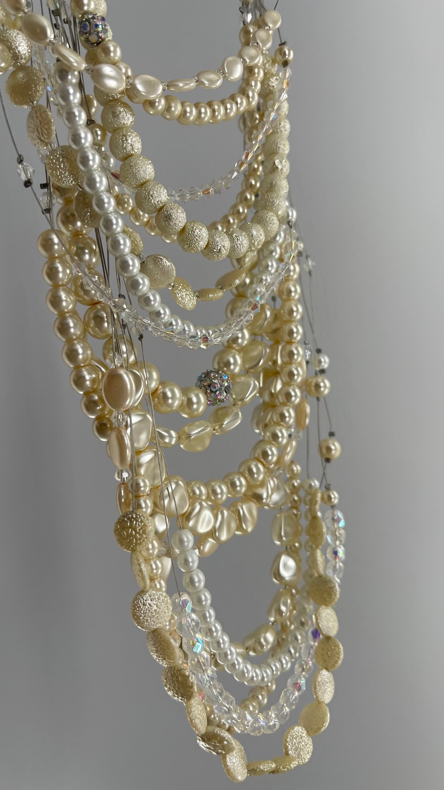 Vintage Handmade Exaggerated Multi Layer Pearl, Beaded Statement Necklace for Plunging Necklines