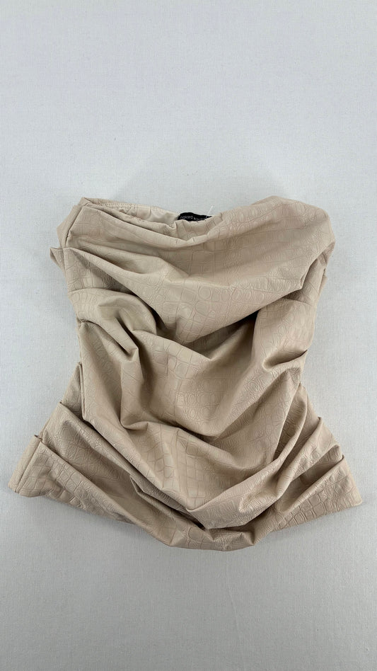 NAKED WARDROBE Cream Ruched Crocodile Embossed Lined Tube Top (XS)