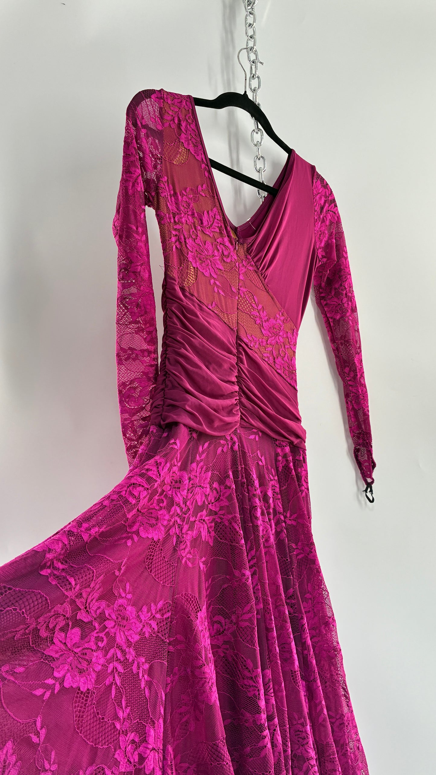 Vintage Fuchsia Flamenco, Lace and Mesh Paneled Gown with Gloved Hand Detail (Small)