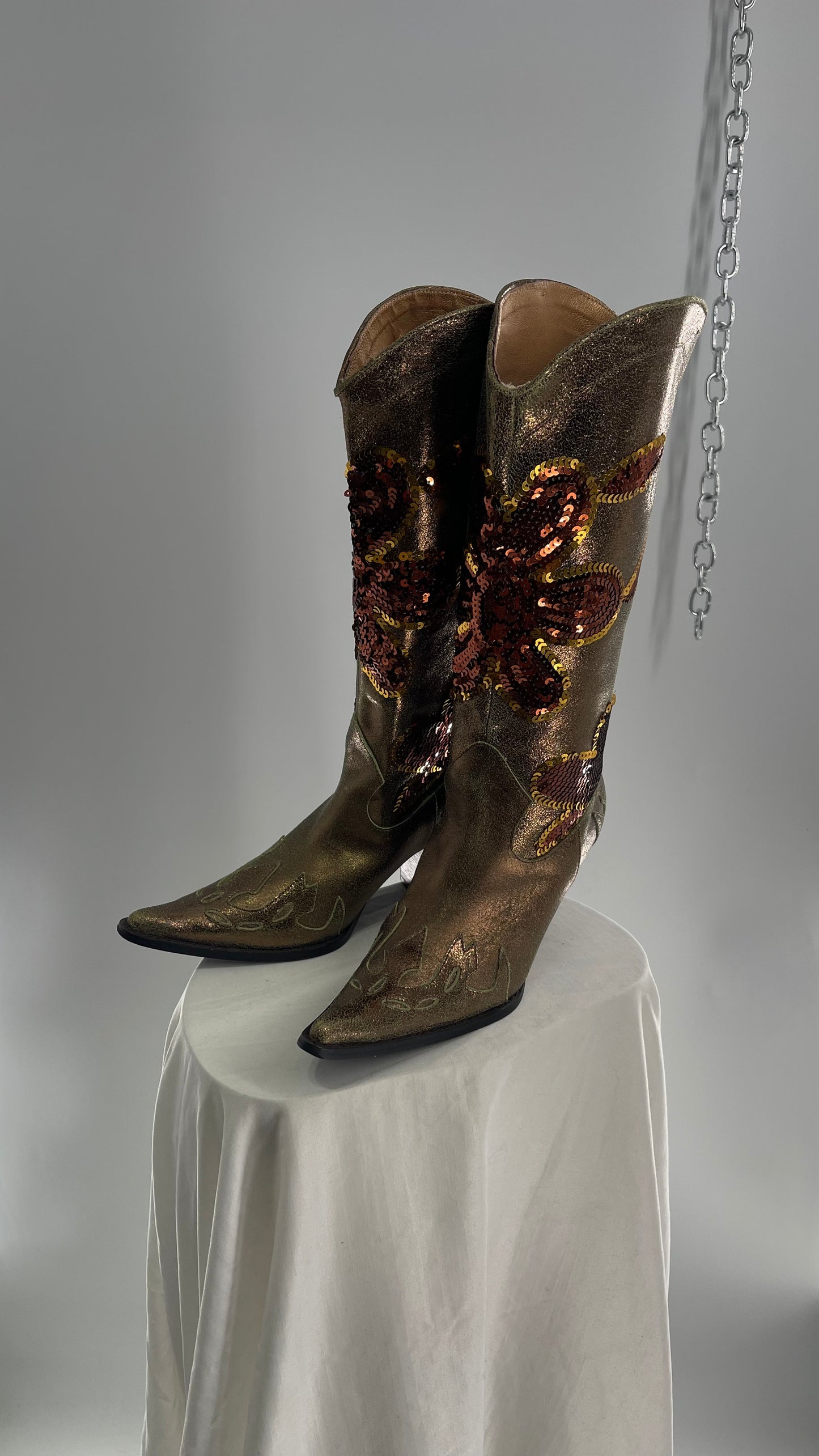 RARE Vintage Foot Candy Sage Green/Bronze Leather Cowboy Boots with Sequin Flowers and Flame Details (6.5)