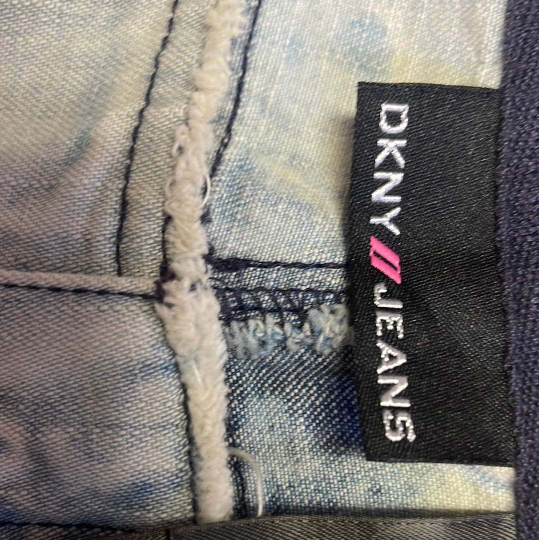 Vintage 1990s DKNY Light Bleached Jeans with Tie Dye Denim Pattern, Raw Edge Low Rise, and Studded Sides (5)