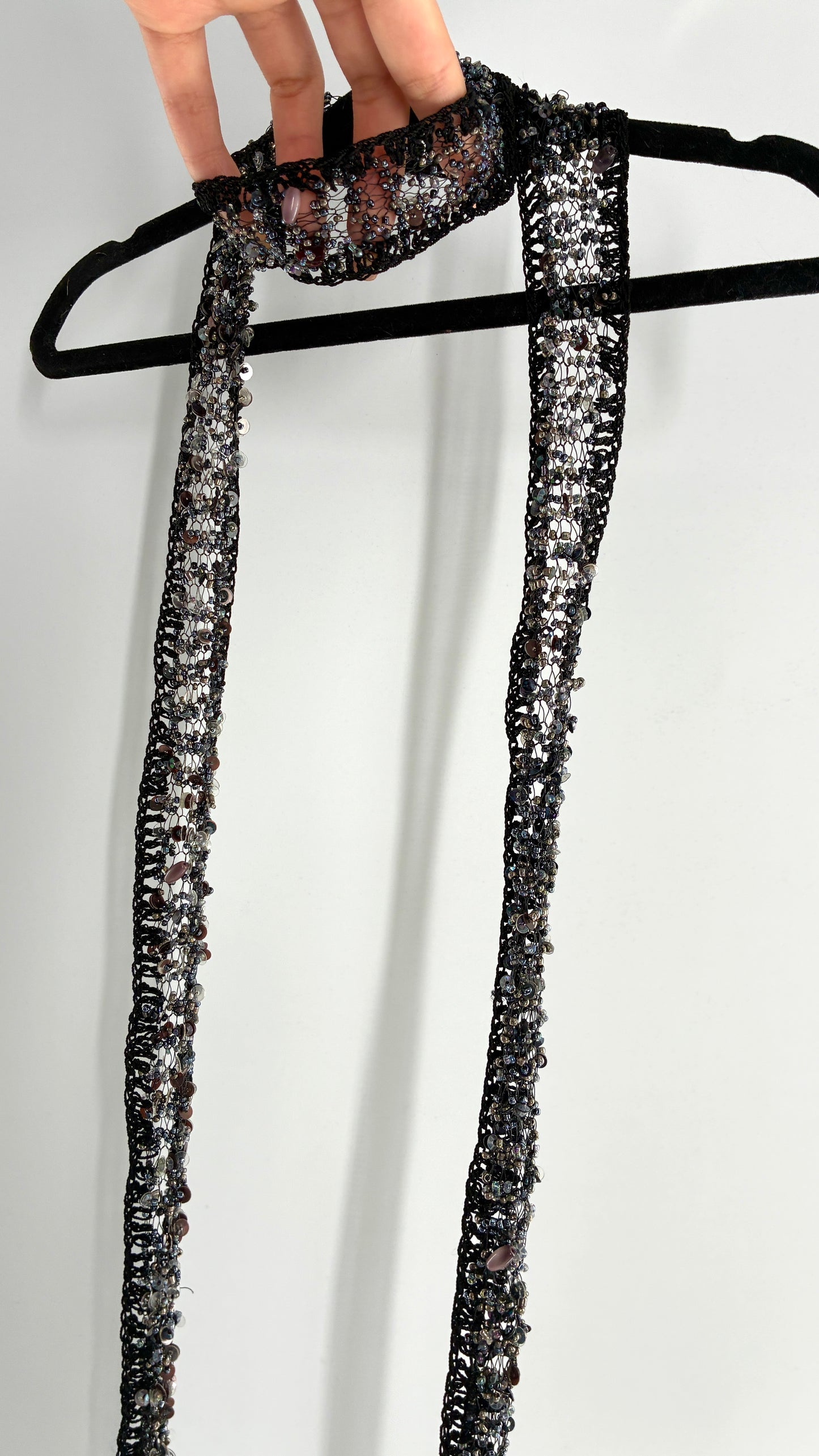 Vintage Black Netted + Crochet Scarf Necklace Covered in Heavy Beading