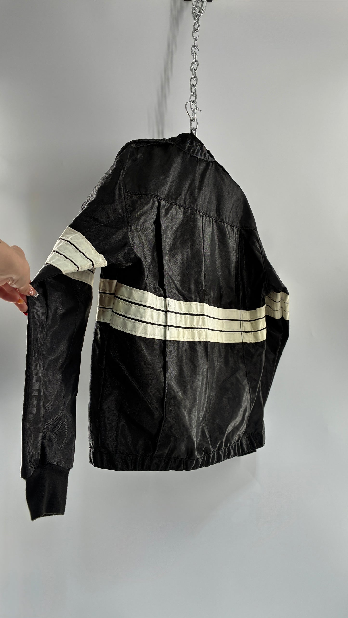 Vintage TMC RACING Black Jacket with White Striped Detailing (Large)