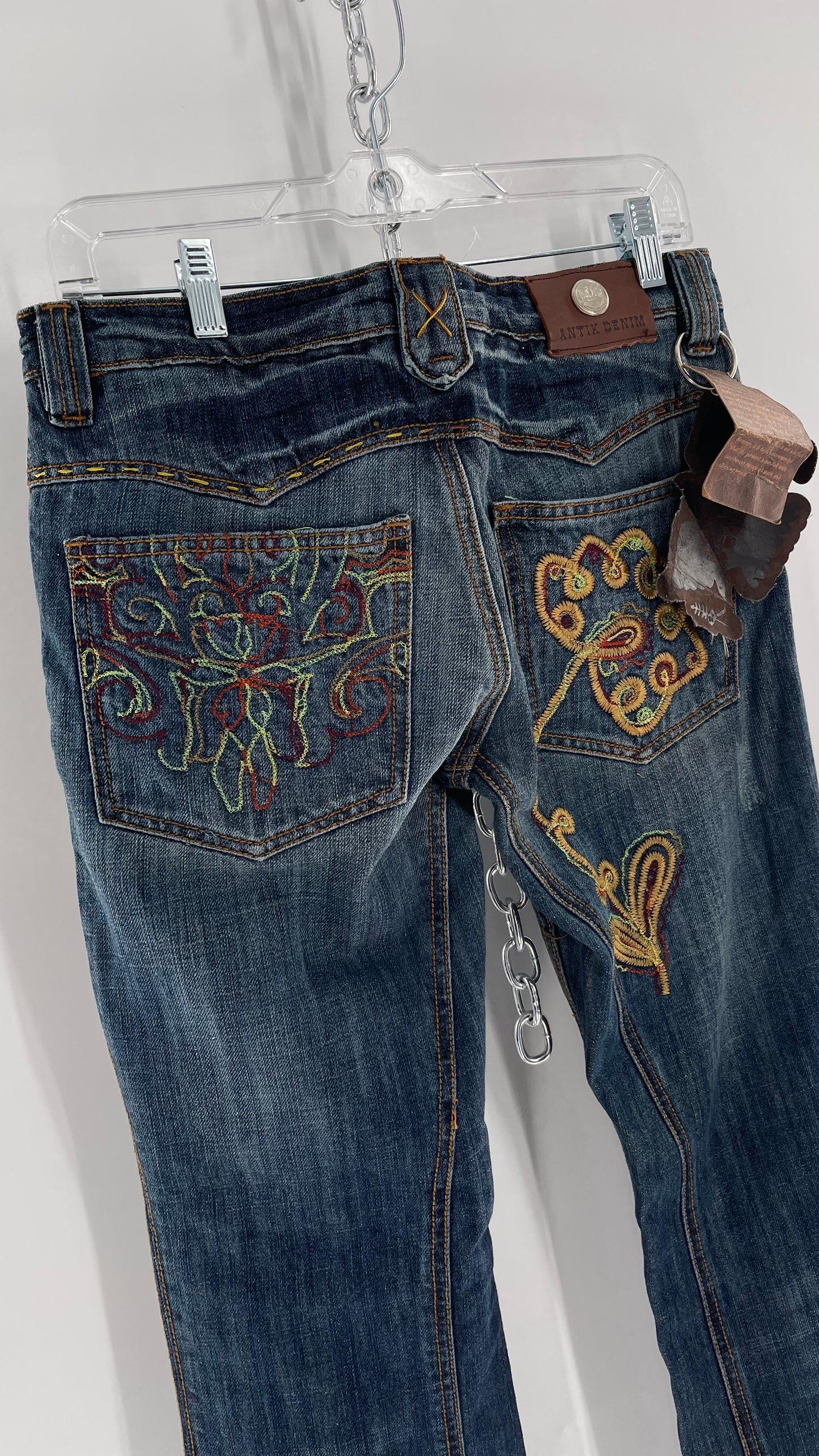 Vintage RARE Antik Denim Kick Flares with Embroidered Flower Design and Contrast Stitching (28)