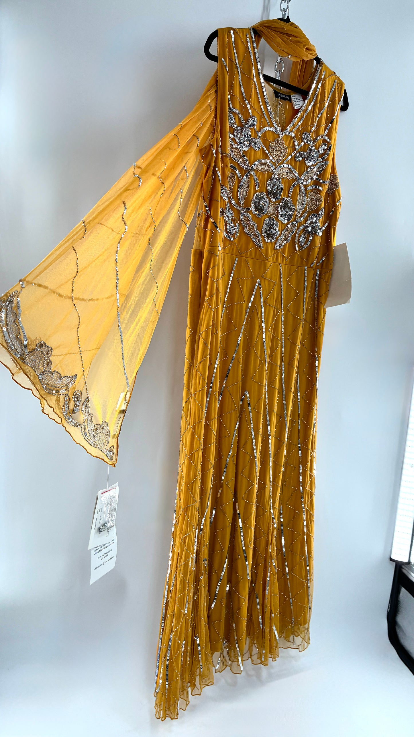 Deadstock Vintage ASHRO 1990s Mustard Yellow Dress with Sheer Back, Neck Scarf and Silver Beading (XXL)