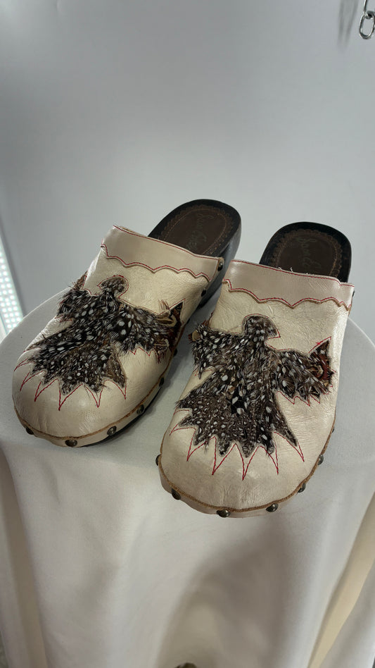 RARE 1970s Vintage SAM EDELMAN Cream Leather Clog with Feathered Phoenix (8)