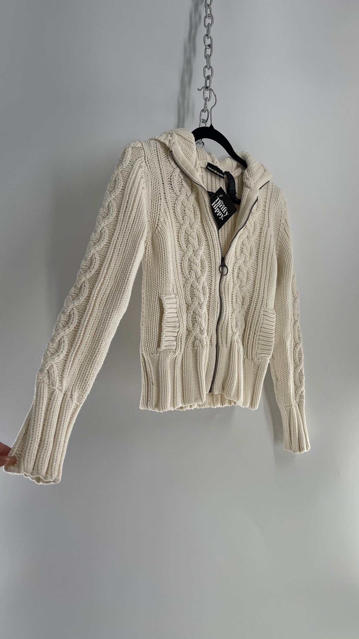 Vintage DKNY Off White Thick Cableknit Zip Front Hoodie (Medium)