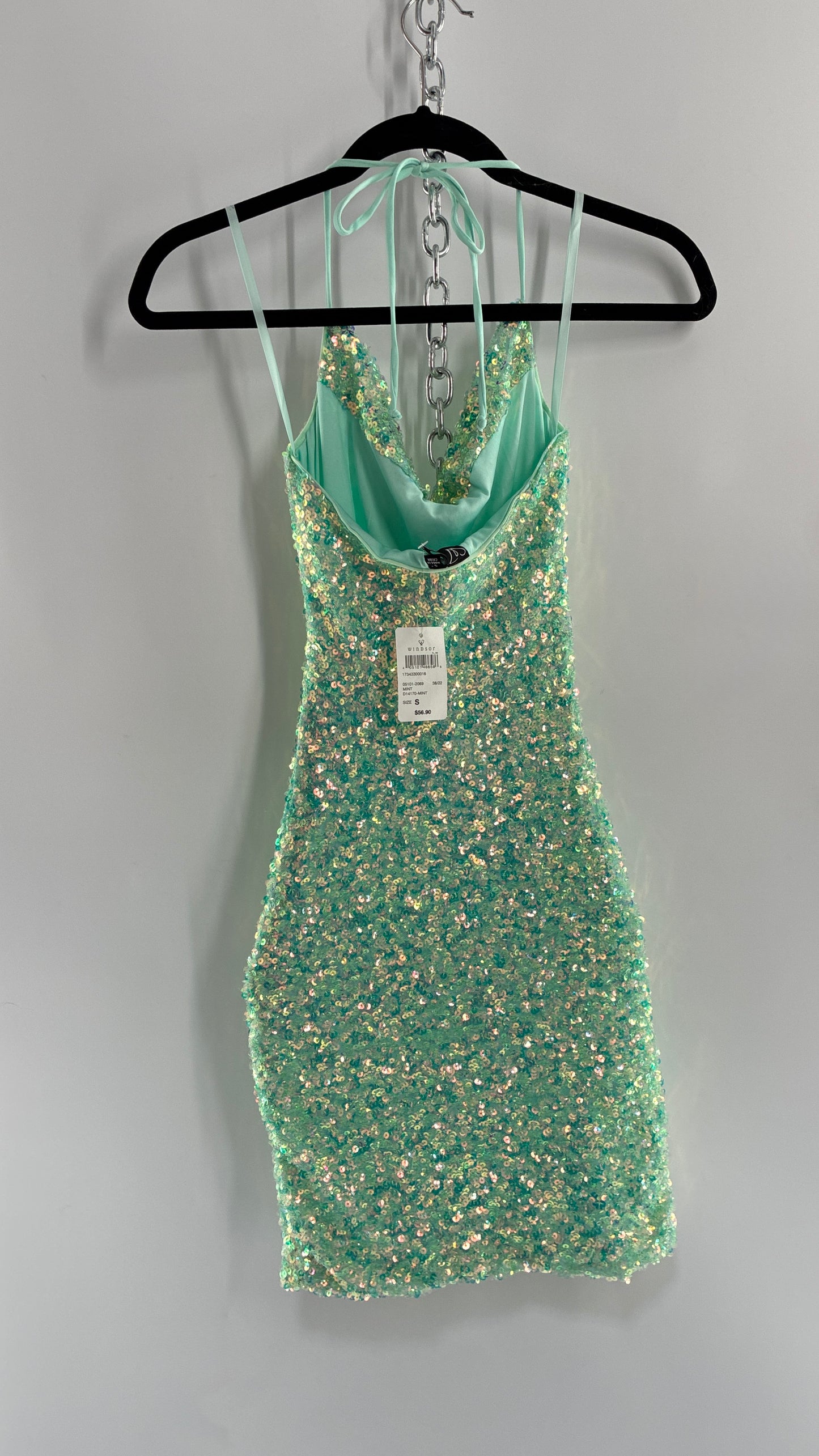 WINDSOR Aqua Blue Sequin Mini Dress with Draping Bustline and Tags (Small)