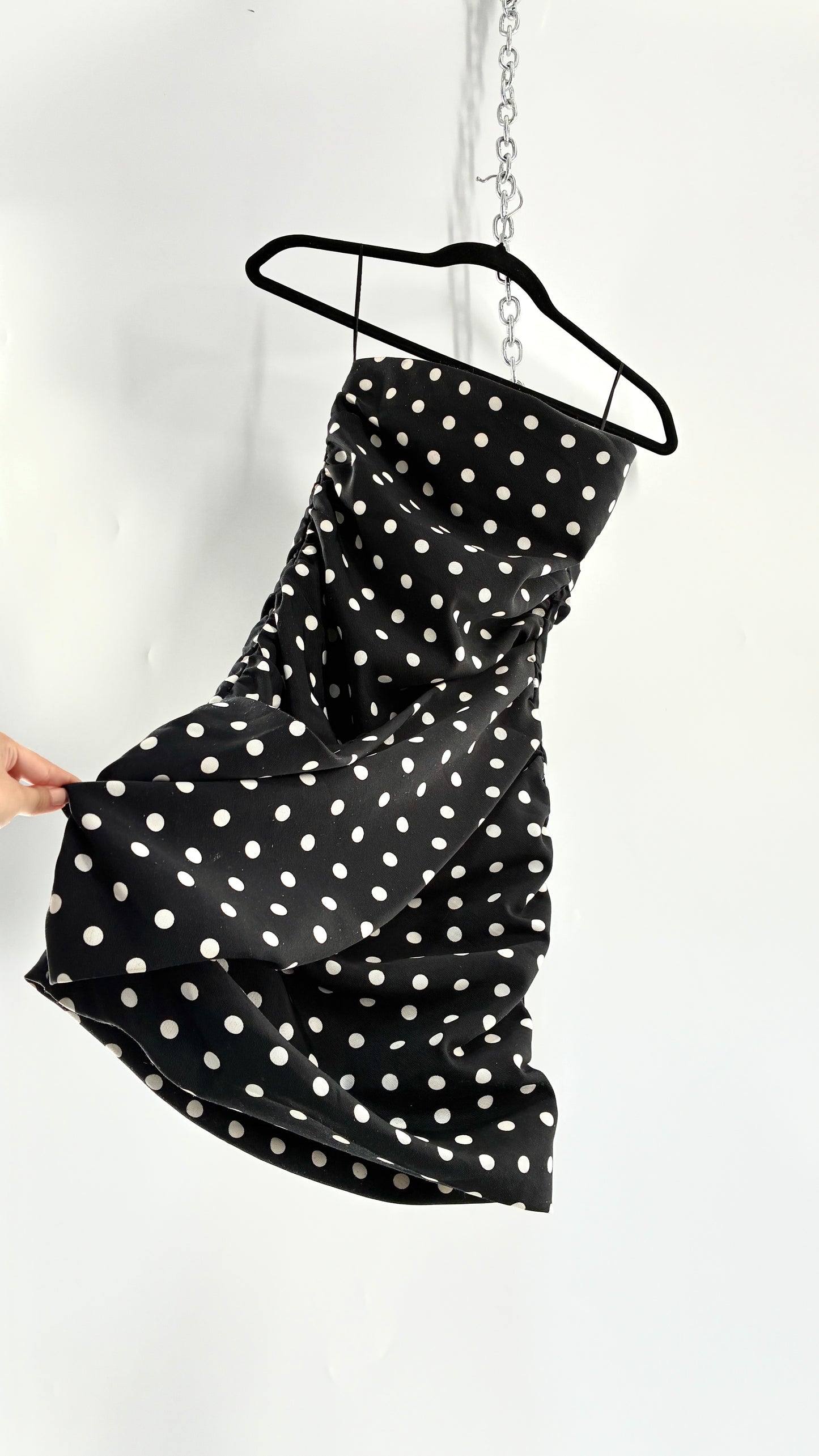 LIONESS Black and White Polka Dot Bodycon Ruched Mini Dress (Small)