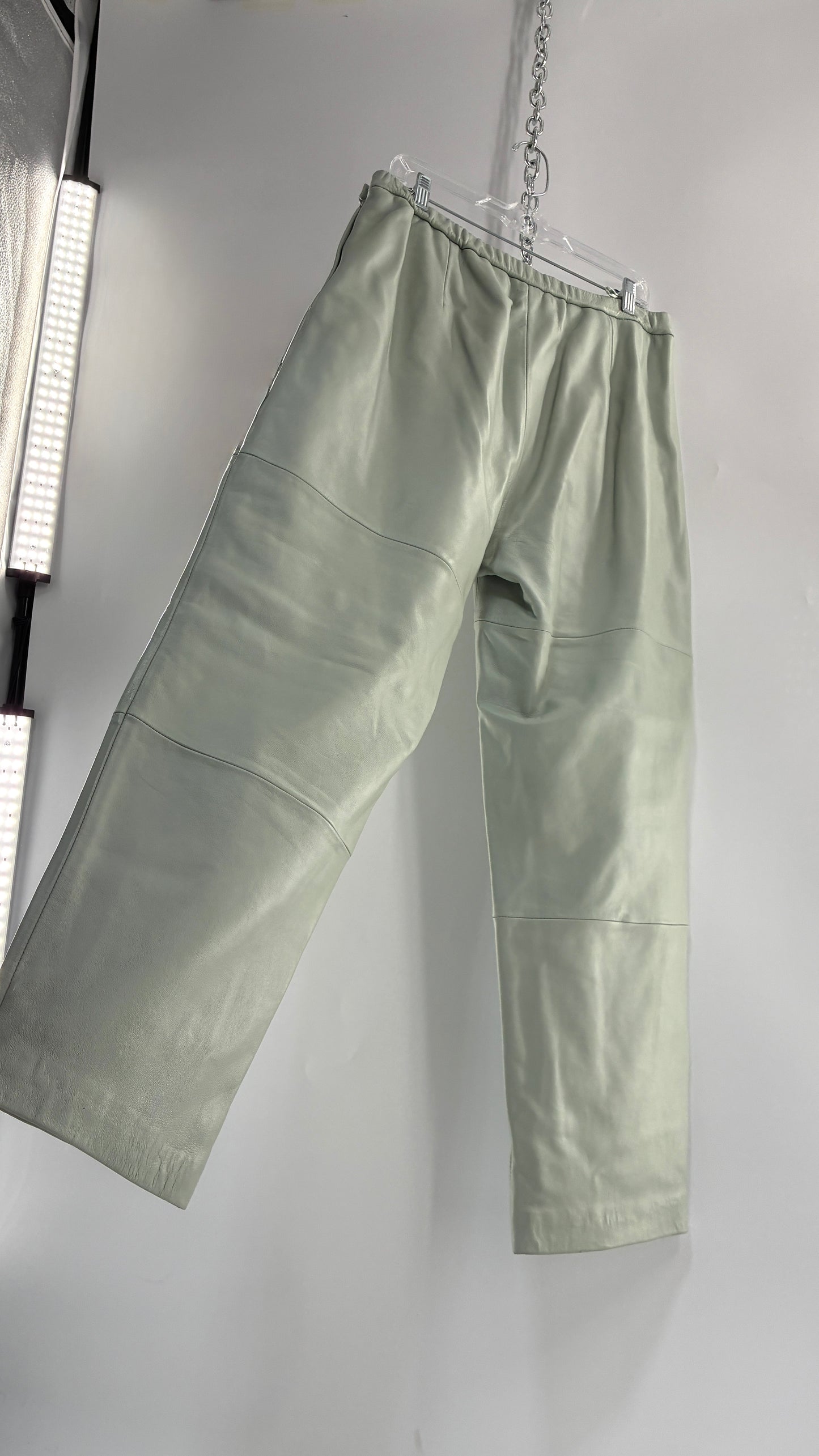Vintage TERRY LEWIS Classic Luxuries Muted Seafoam, Genuine Leather Trousers with Silky Soft, Satin Lining (16P)