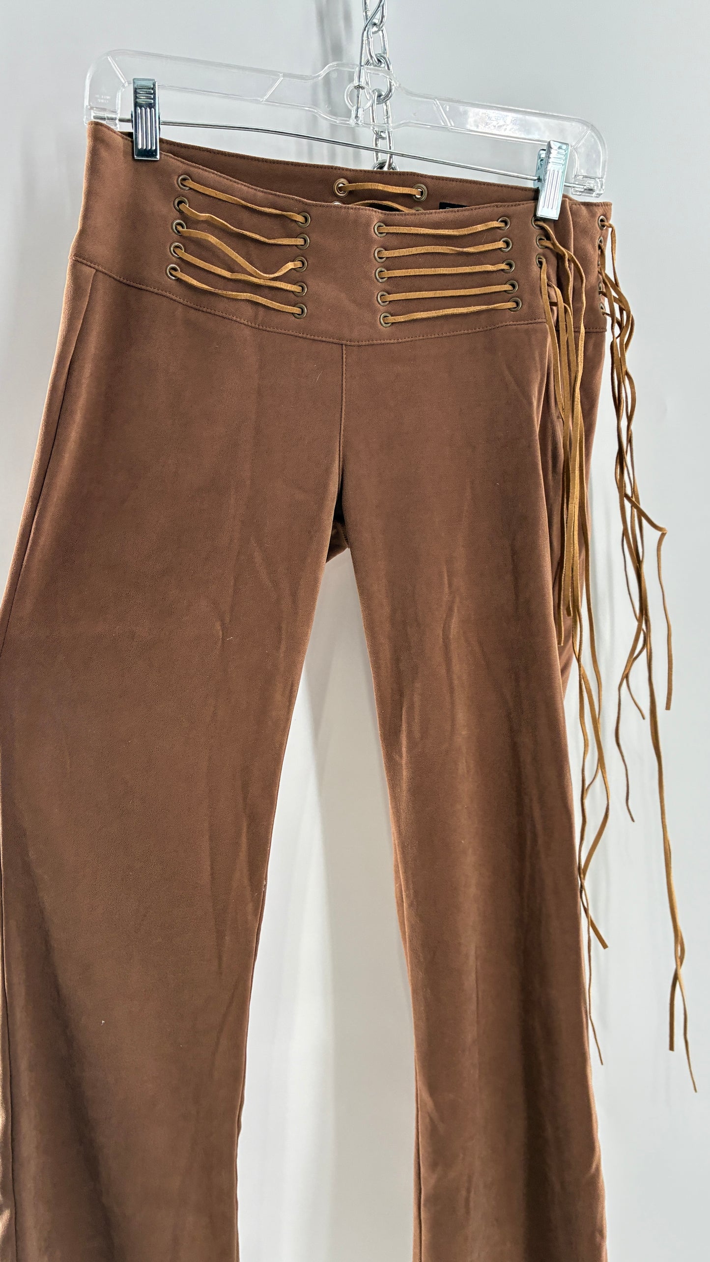 Vintage Rare L.E.I Low Rise Faux Suede Kick Flares with Wide, Thread Through Tassels Hip Band (5)