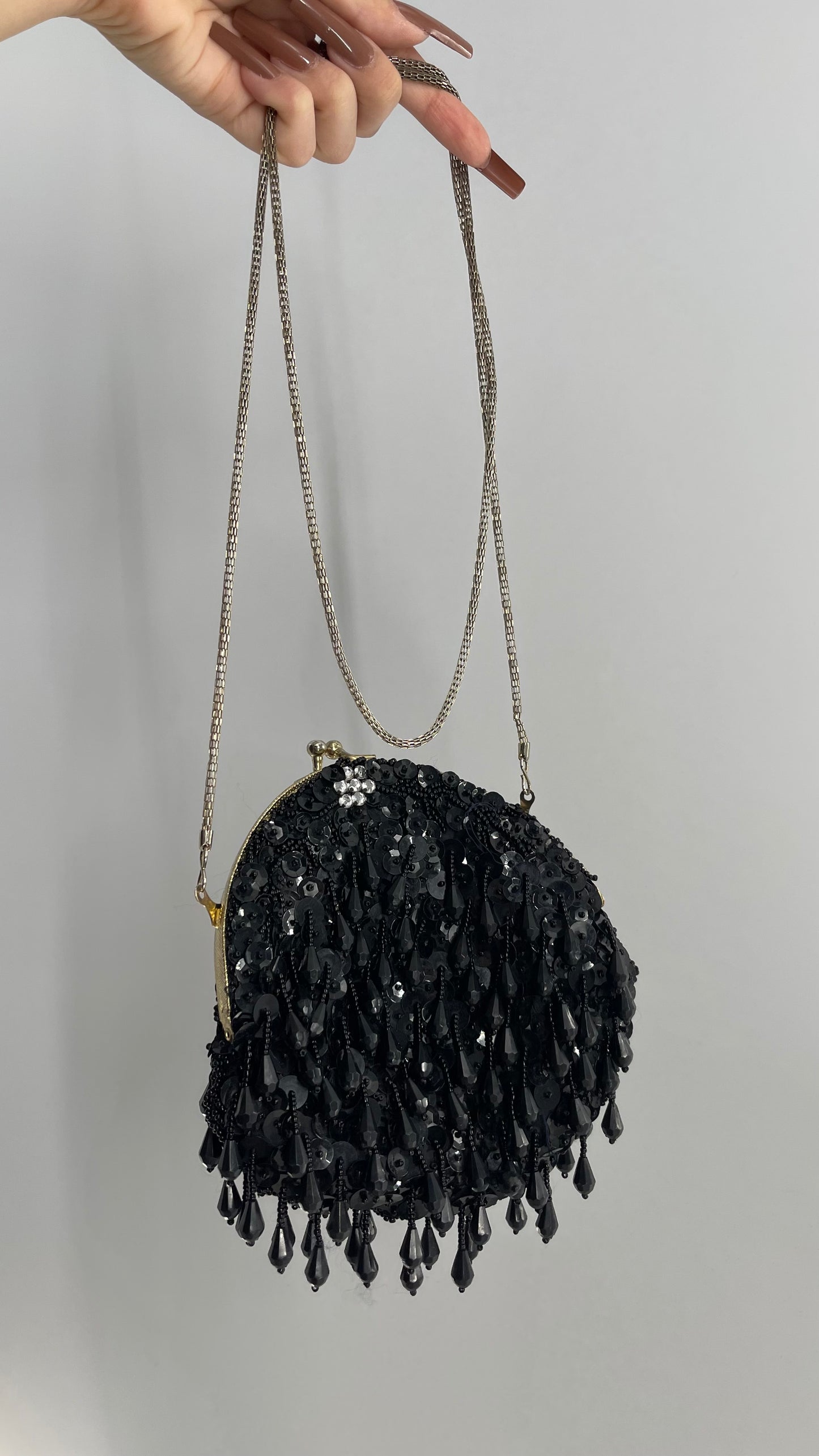 Vintage Black Sequin Beaded Pouch Purse