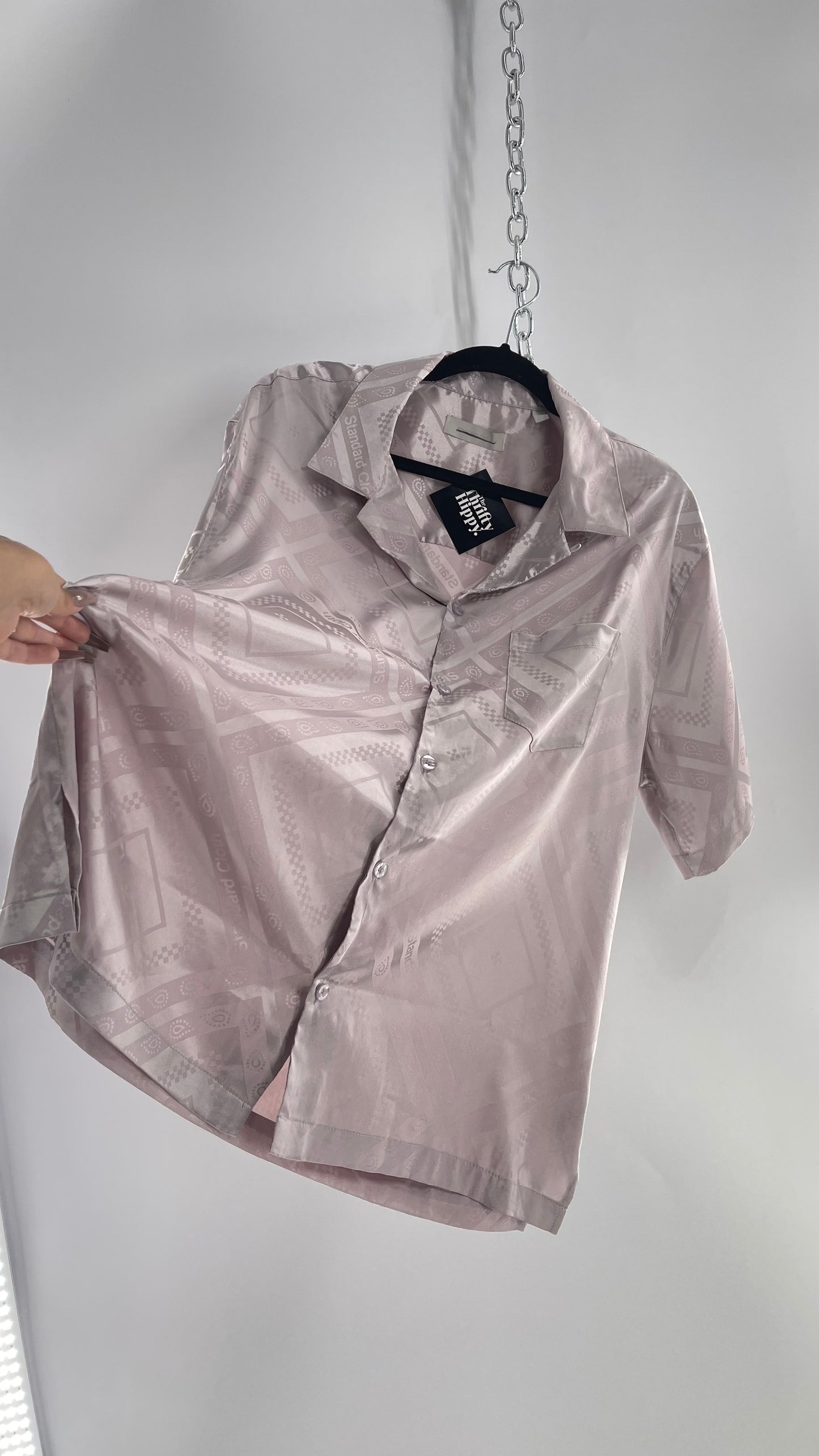 STANDARD CLOTH Silver/Lilac Silky Shiny Button Up Short Sleeve (Large)