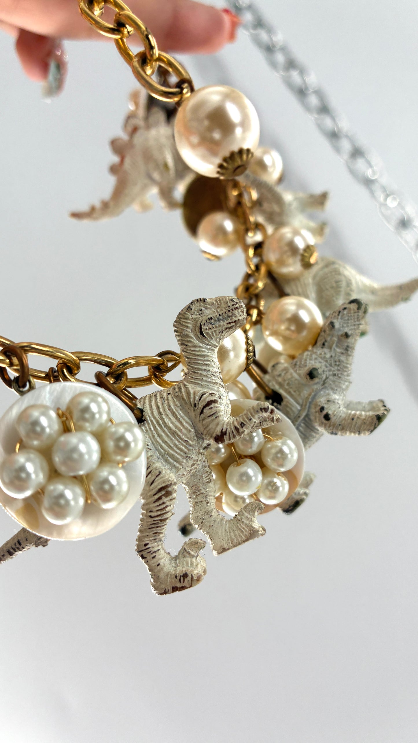 Vintage LENORA DAME Pearlescent Dinosaur Charm, Gold Chain Choker