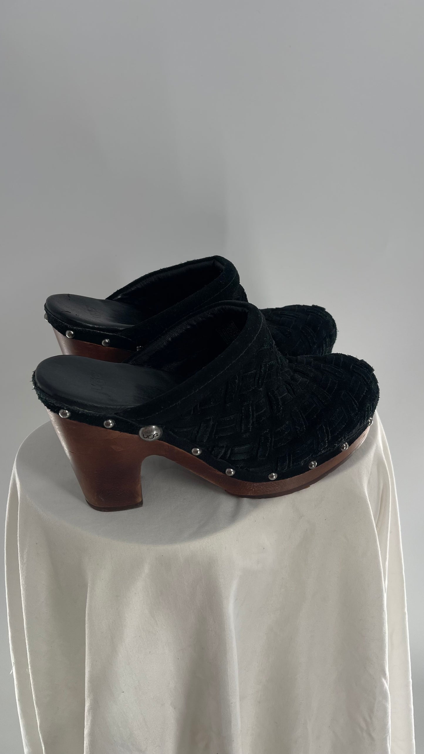 Vintage UGG Black Woven Leather Studded Wooden Heel Clog (8)