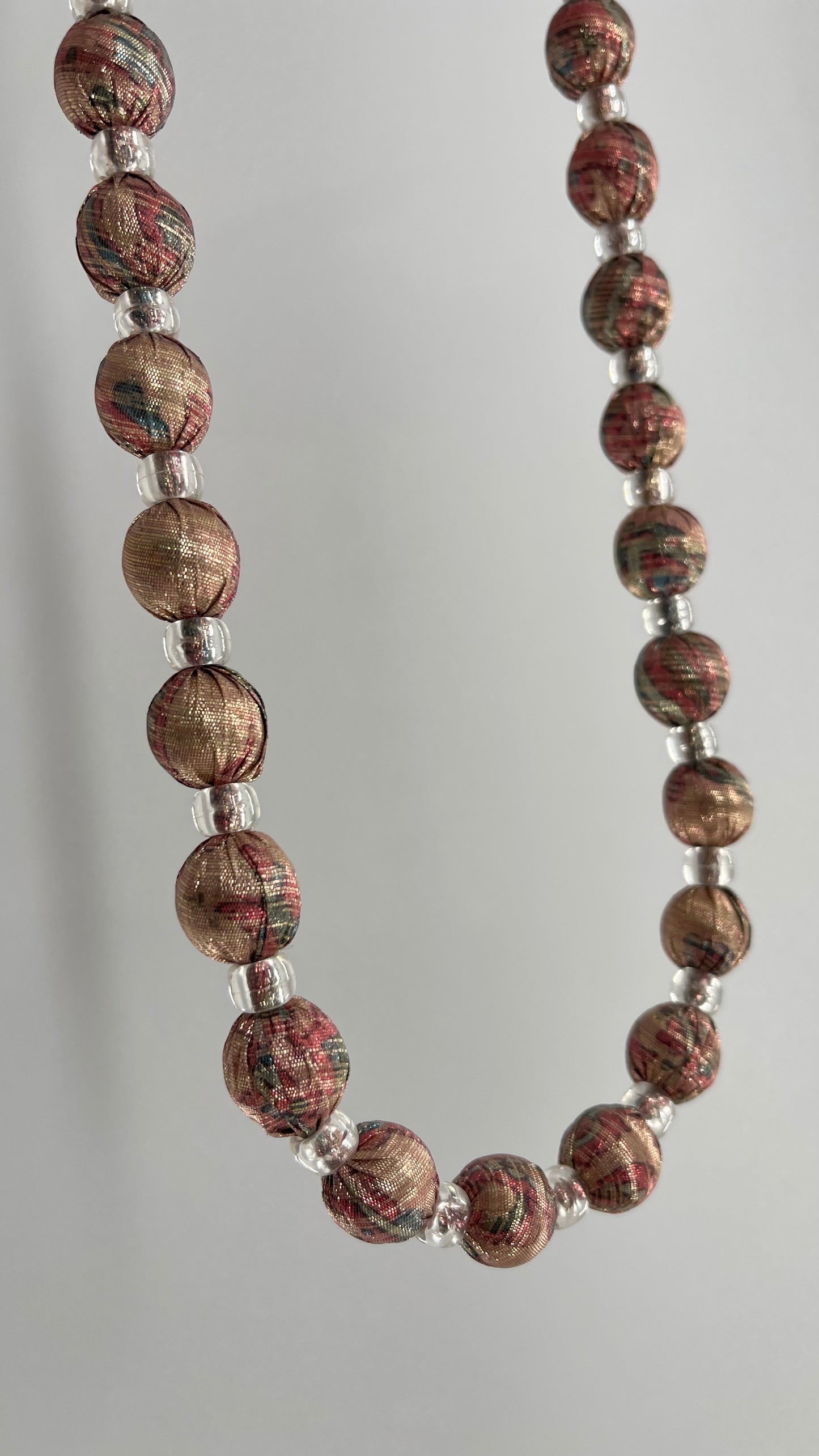 Vintage Metallic Fabric Wrapped Beaded Necklace