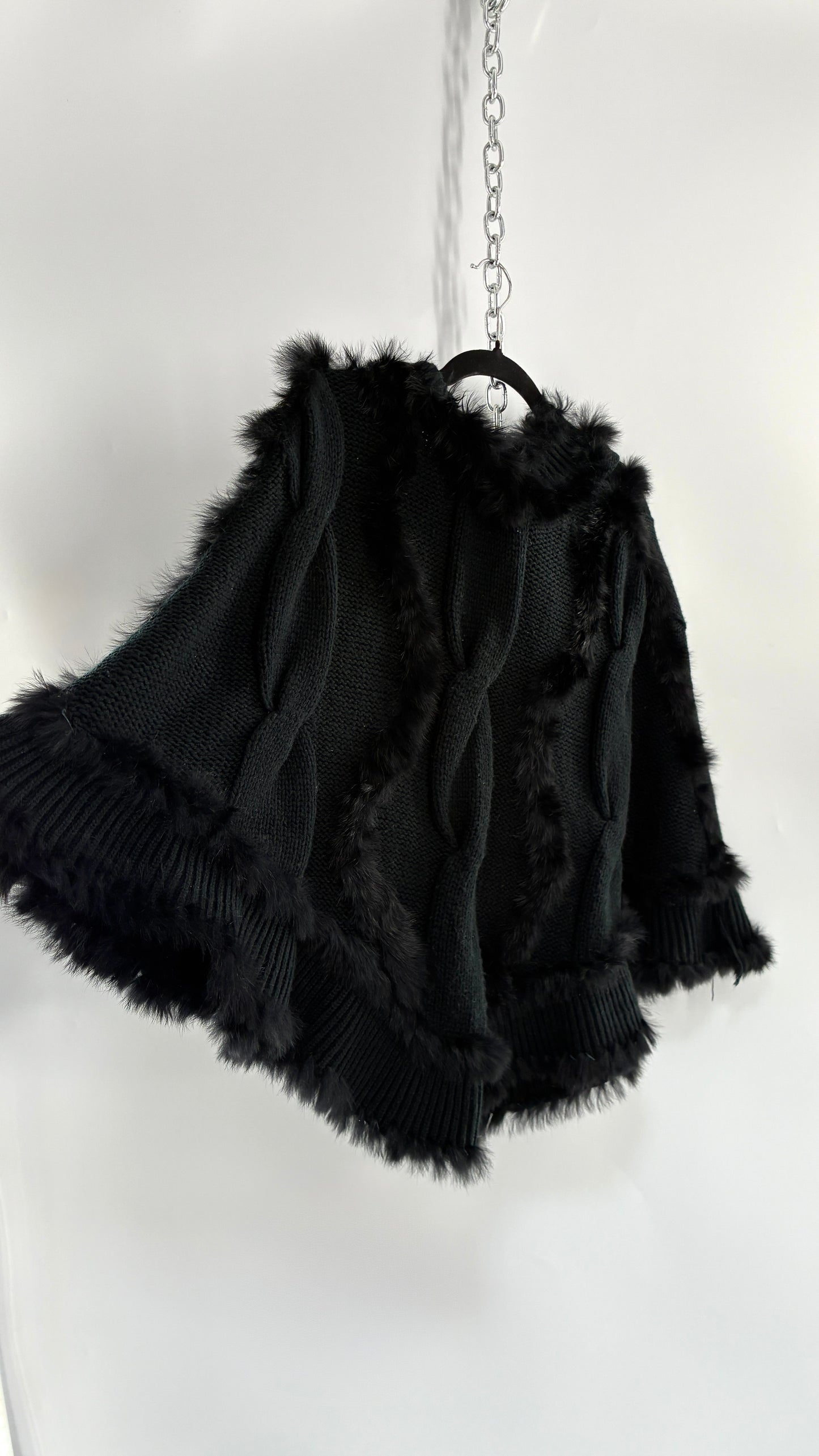 Vintage Black Cable Knit, Hooded Poncho with Genuine Rabbit Fur Trim (One Size)