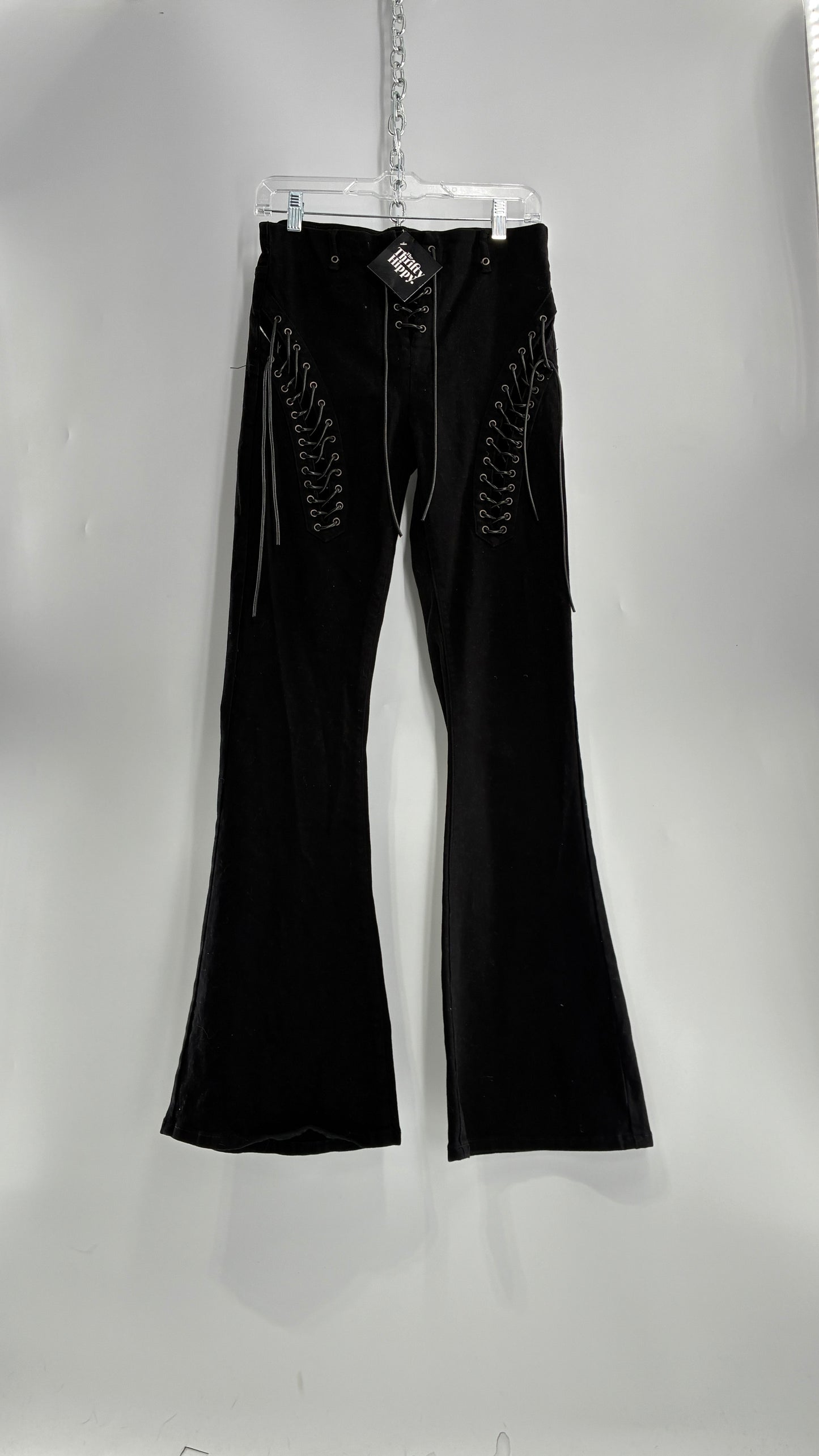 Edikted Black Denim Flares with Open Side Tie Up Details (Medium)