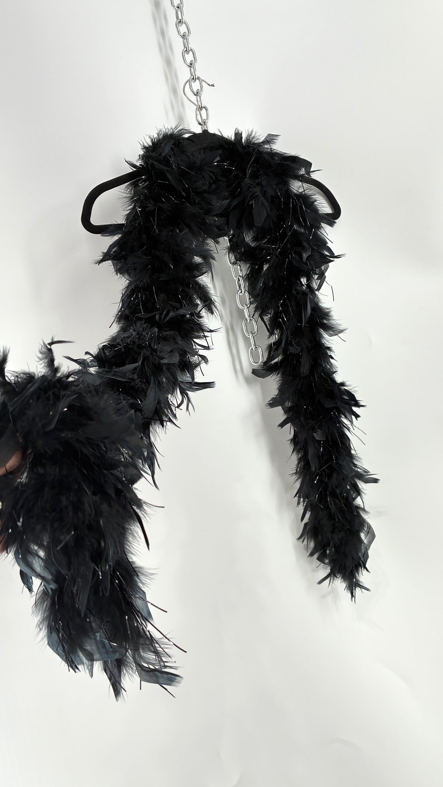 Vintage Black Ostrich Feather Scarf with Silver Tinsel