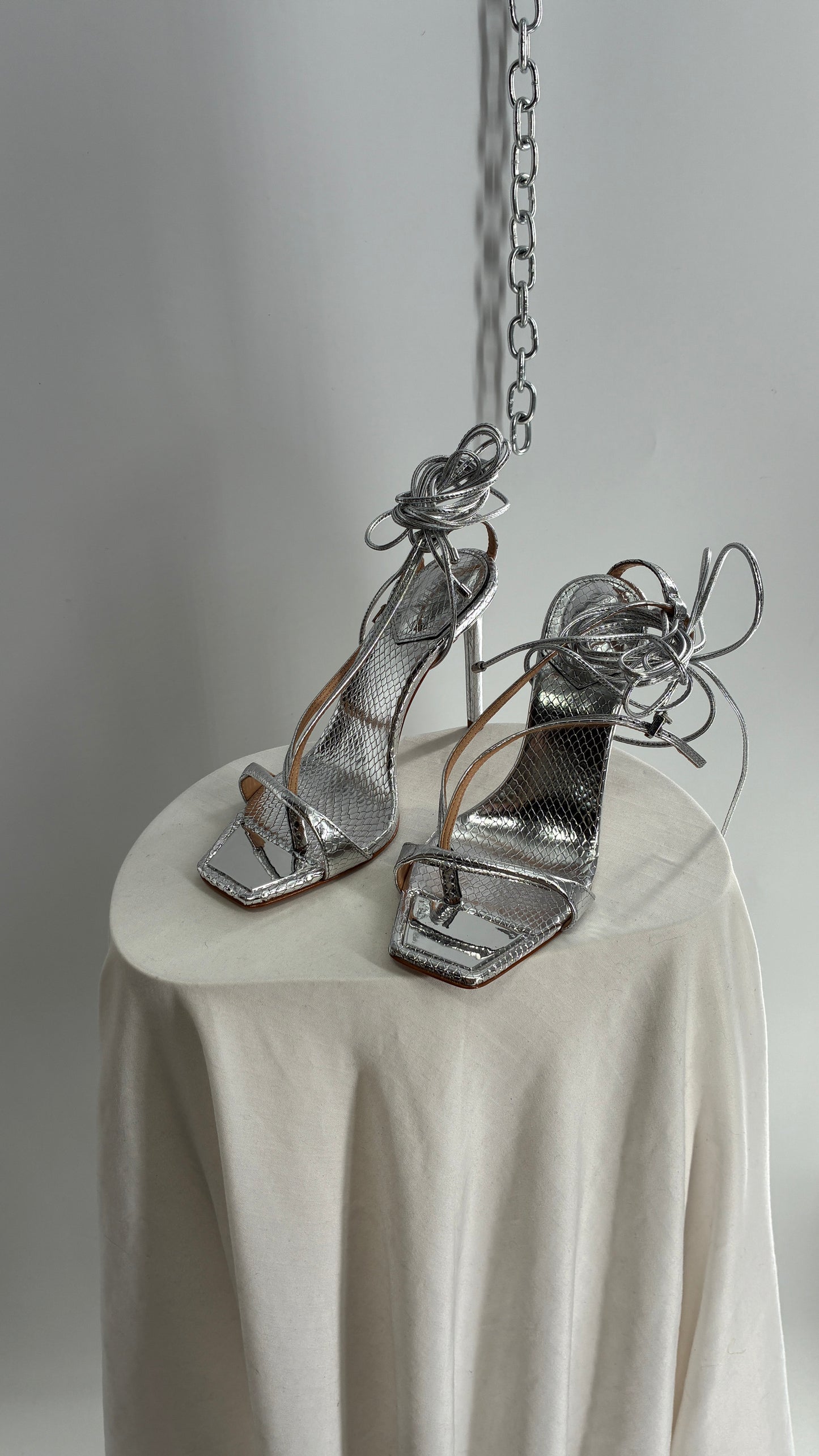 SCHÜTZ Silver Angular Tie Up Heels with Mirror Toe Detail (7)