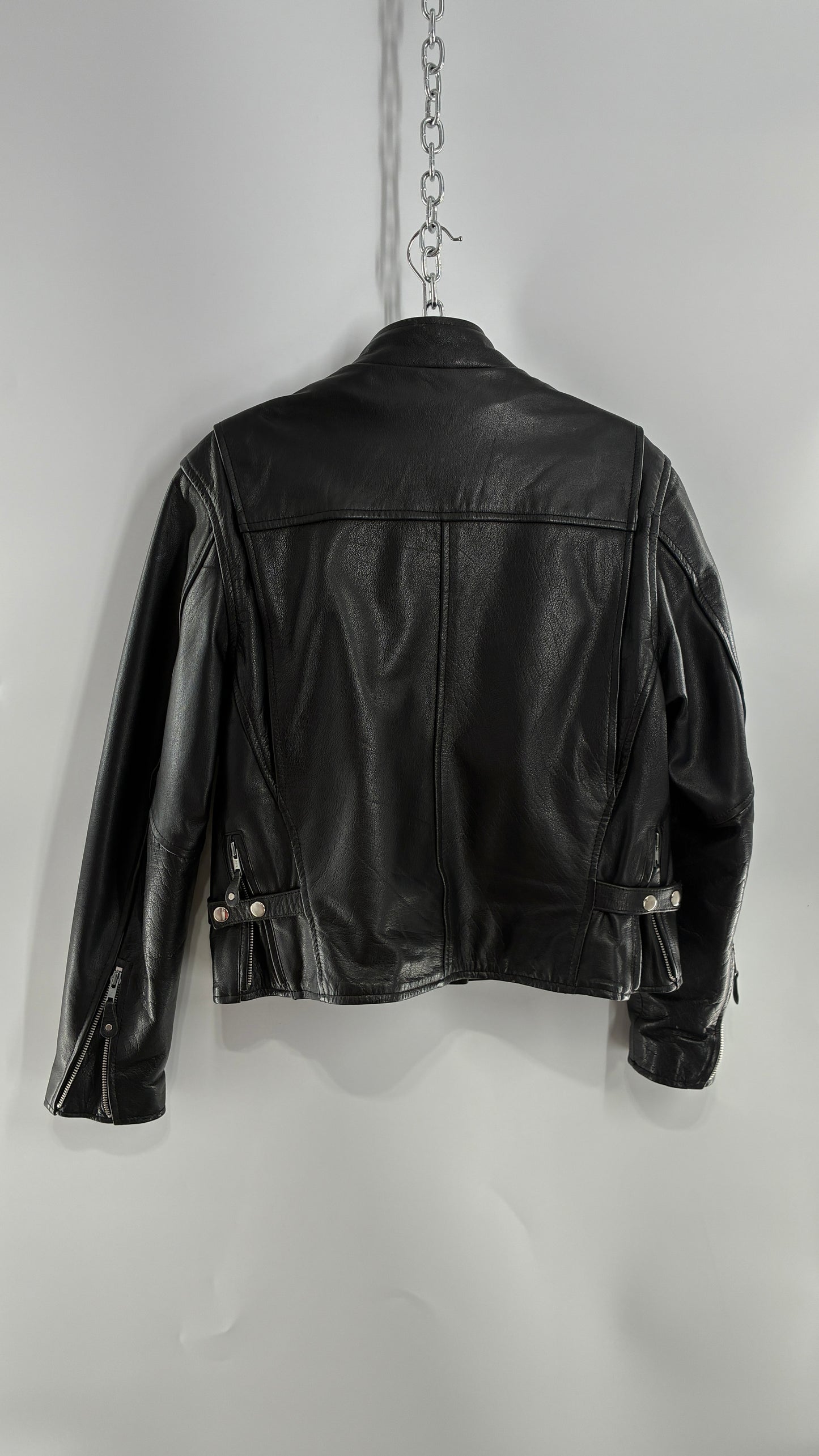 Vintage DOC’s Black Thick Leather Jacket with Removable Quilted Lining, Zippered Sides and Heavy Metal Details (Medium)