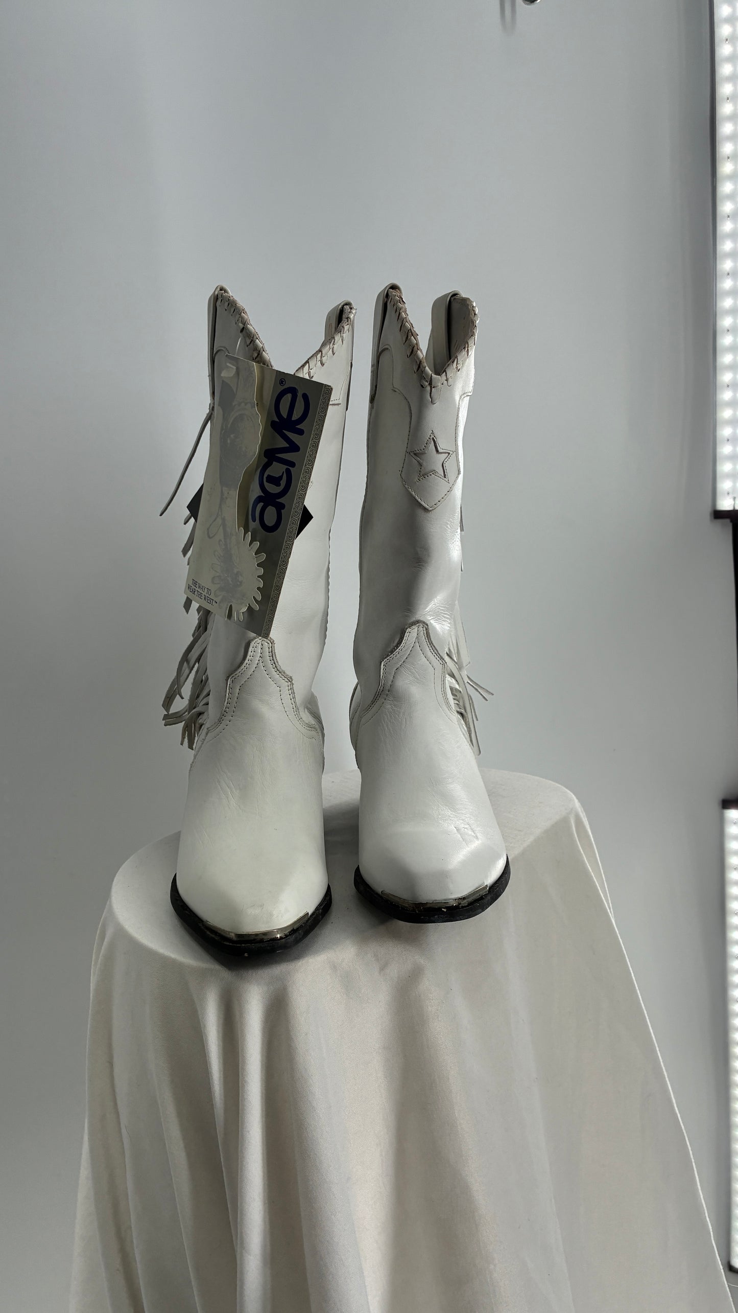 Deadstock Vintage ACME White Cowboy Boots with Braided Cuff, Fringe Sides(6)
