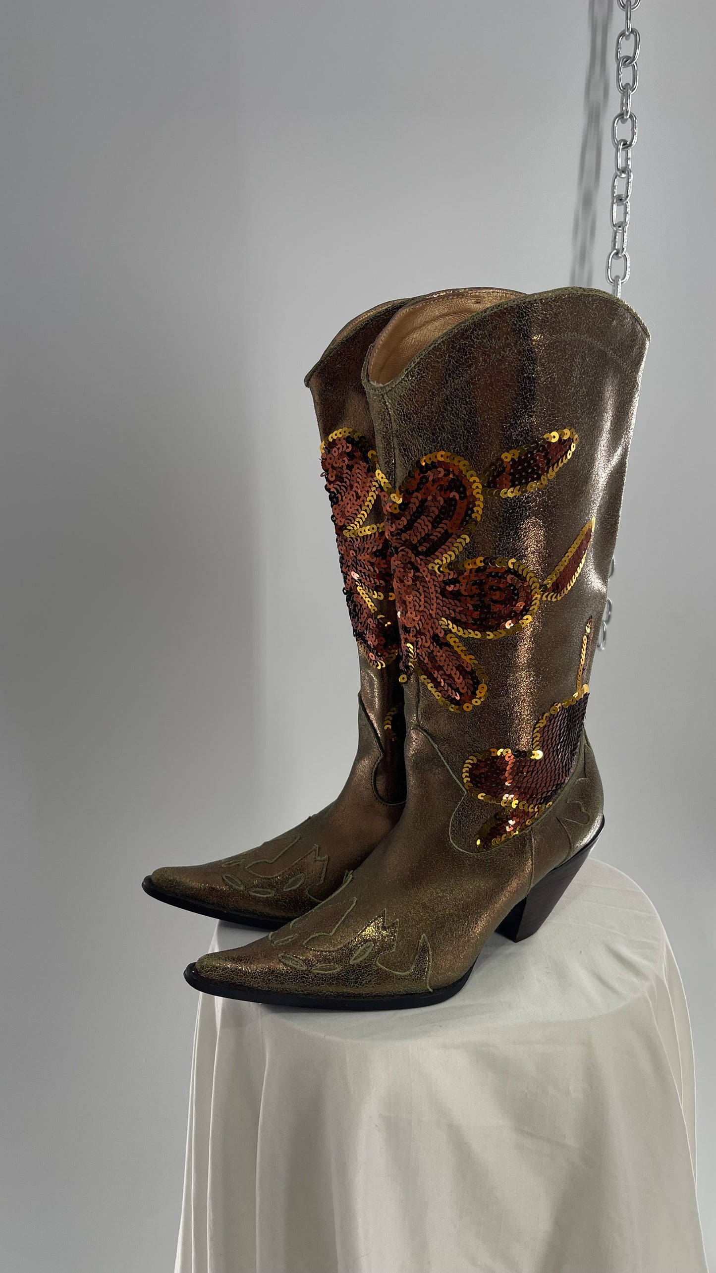 RARE Vintage Foot Candy Sage Green/Bronze Leather Cowboy Boots with Sequin Flowers and Flame Details (6.5)