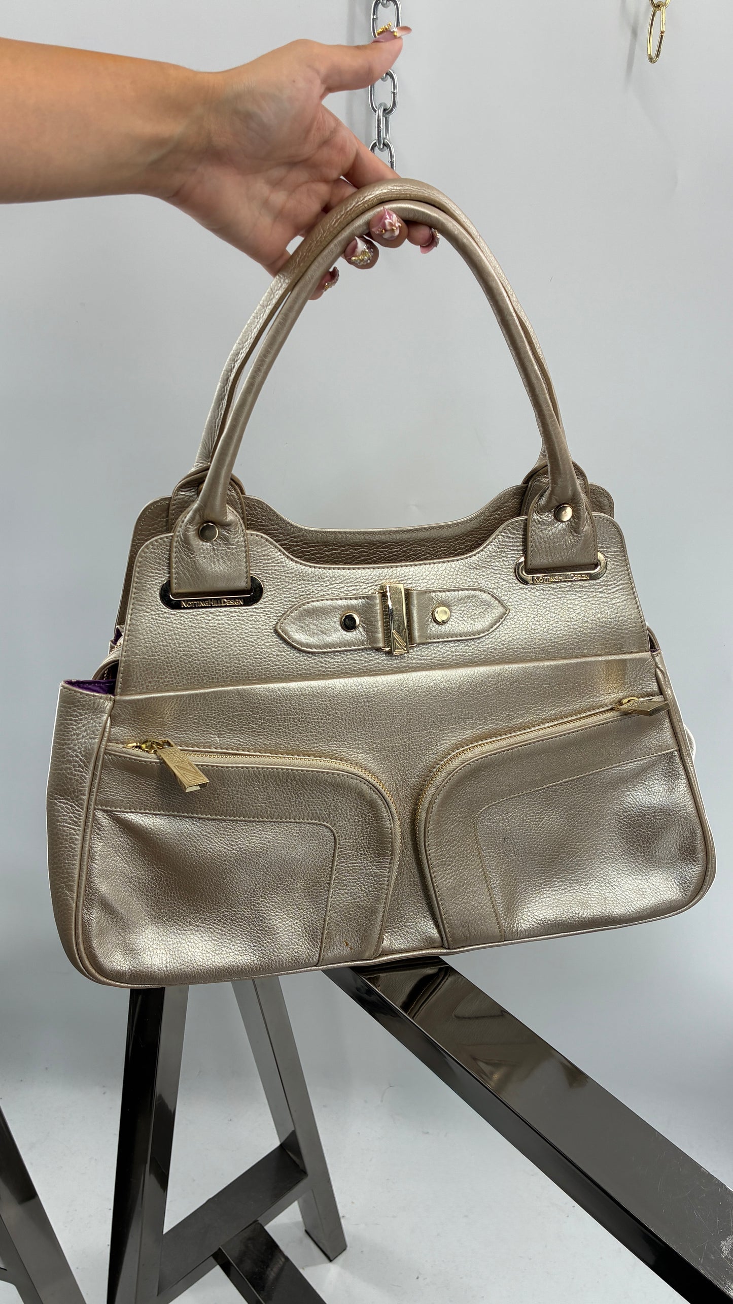 Vintage NOTTINGHILL DESIGNS Westbourne Metallic Champagne Genuine Leather Pocketed Bag with Exaggerated Hardware As Seen on Gossip Girl