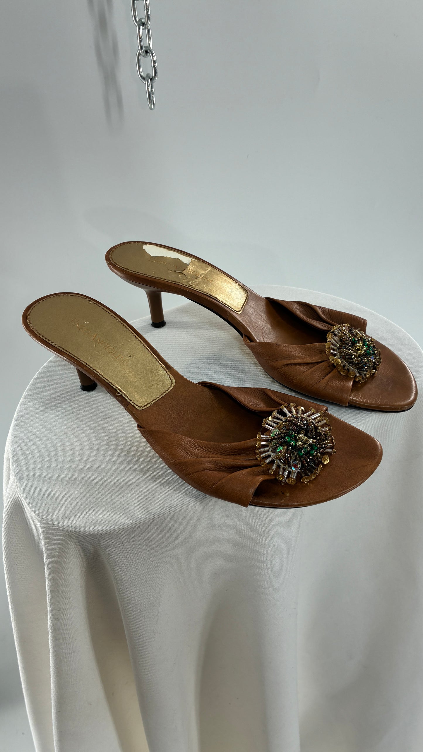 Vintage ENZO ANGIOLINI Brown Leather Kitten Heel Sandal with Beaded Details (7.5)