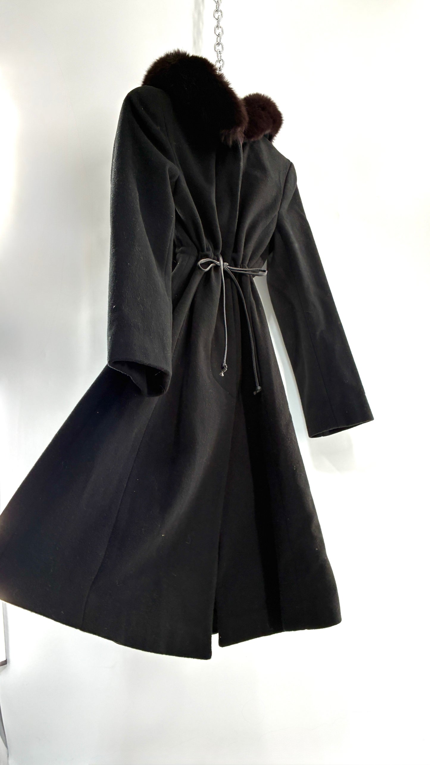 Vintage STEVE by SEARLE Cashmere Blend Coat with Underbust Tie and Fur Hood