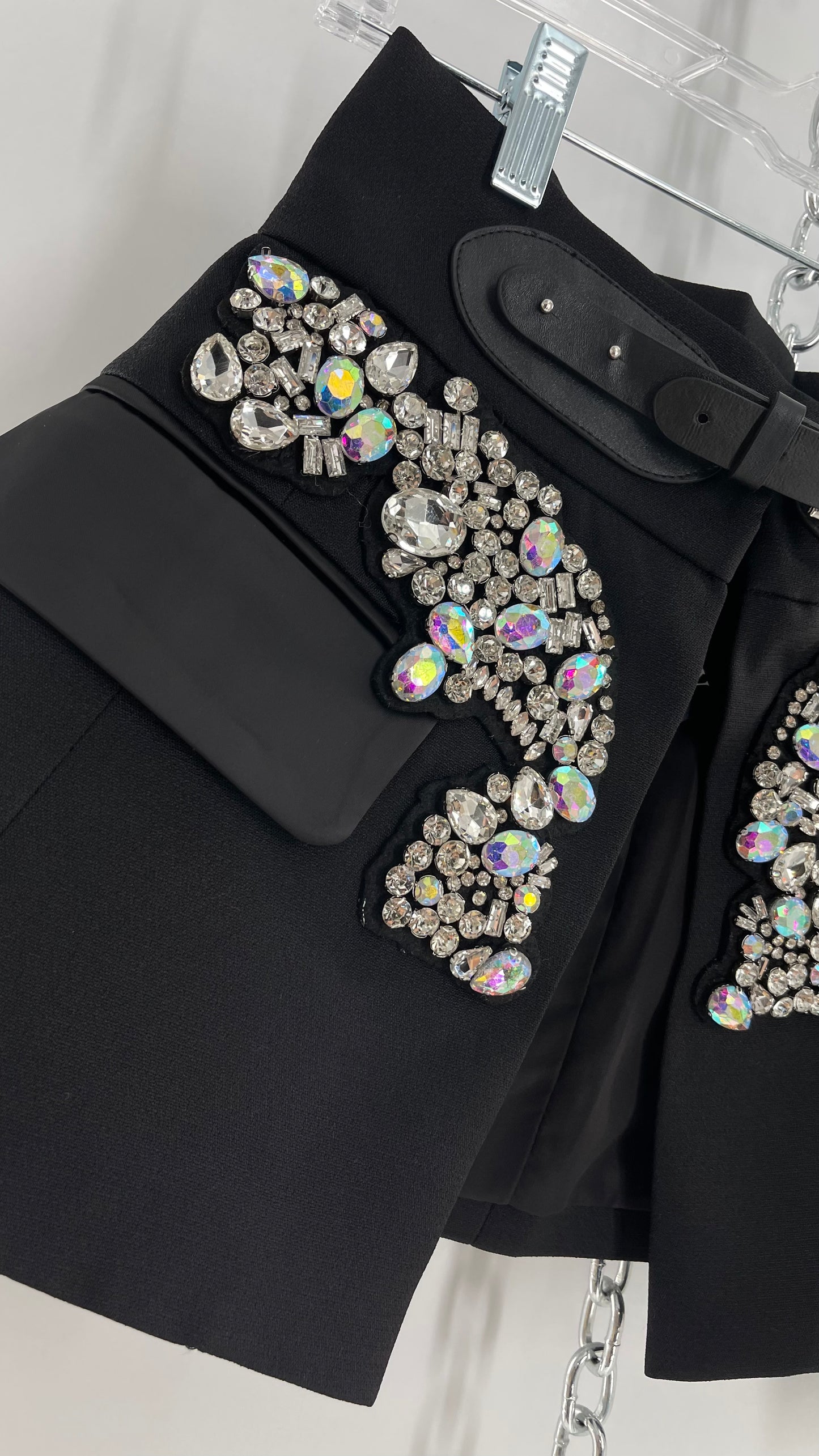 Black Skirt Belt Covered in Crystal Embellishments with Satin Flap Pockets (Medium)