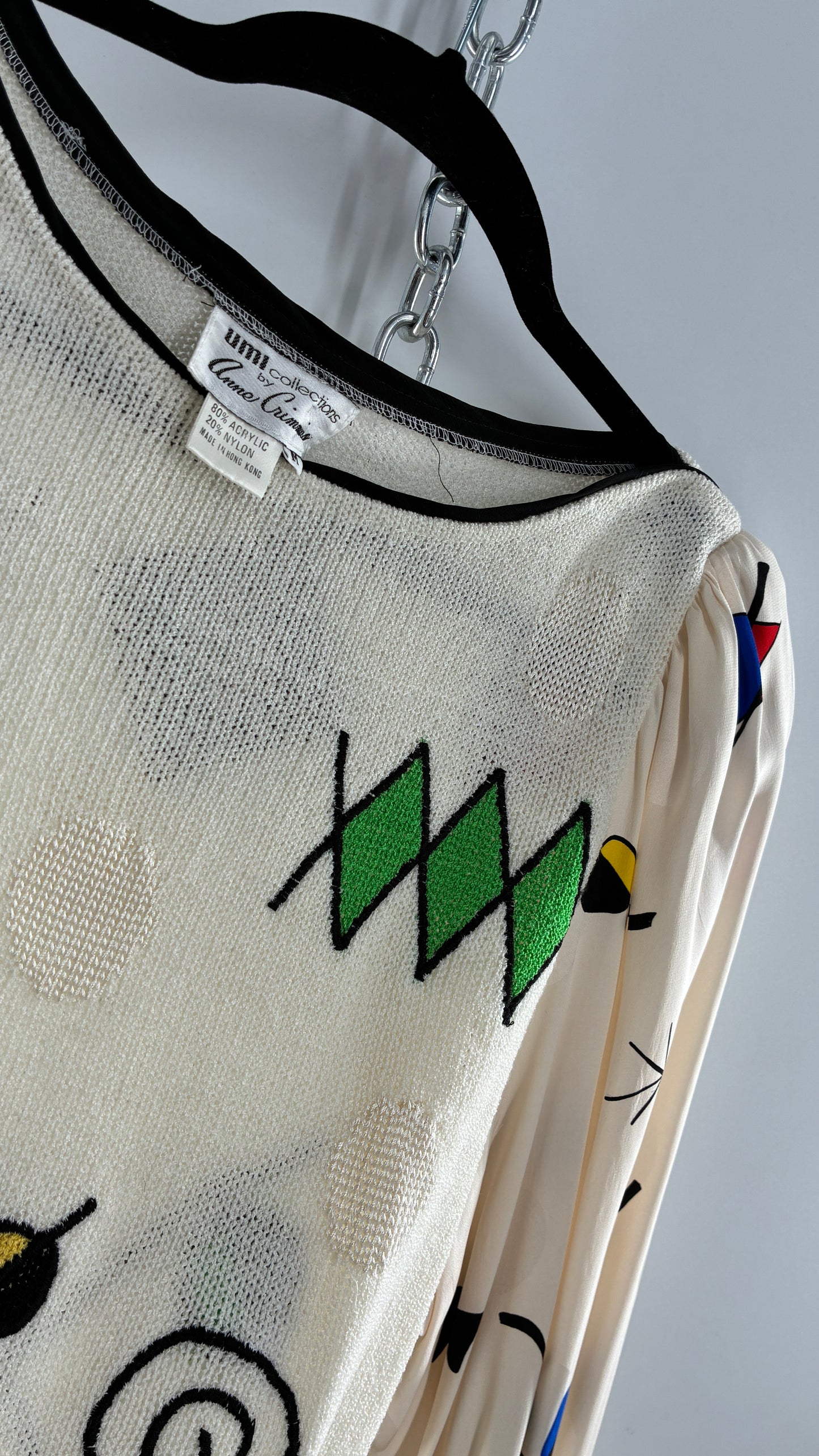 Vintage 1980s UMI collections by Anne Crimmins Off White 2 Piece Set with Abstract Embroidered Designs and 100% Silk Polka Dot Print Skirt (Medium Sweater, 8 Skirt)