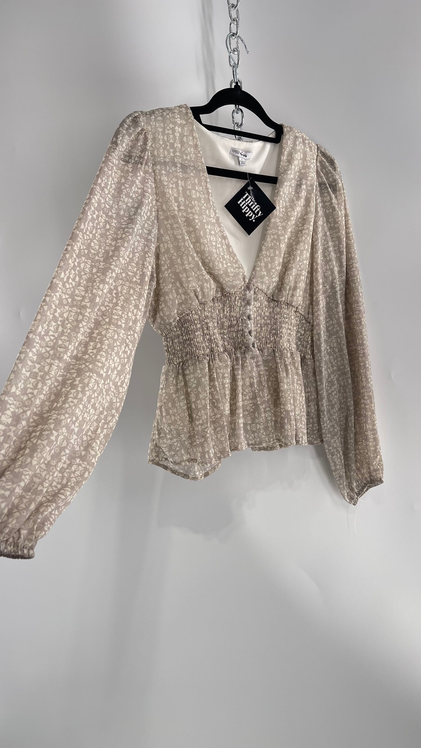 Anthropologie Light Gray Glitter/Shimmer Balloon Sleeve, Smocked Waist, Button Front Blouse (Large)