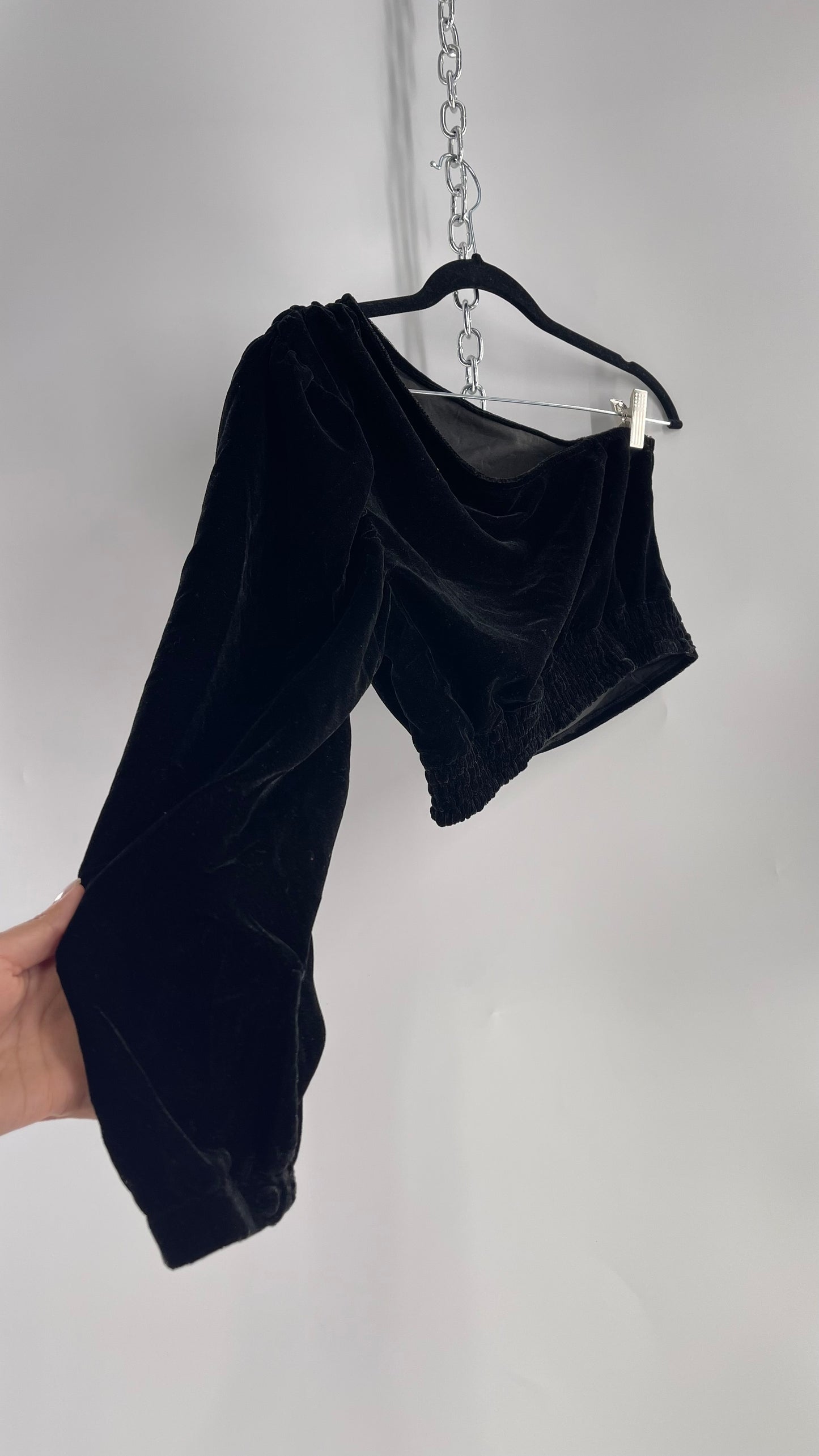 Free People Black Velvet Single Long Sleeve with Ruched Waistline (Small)