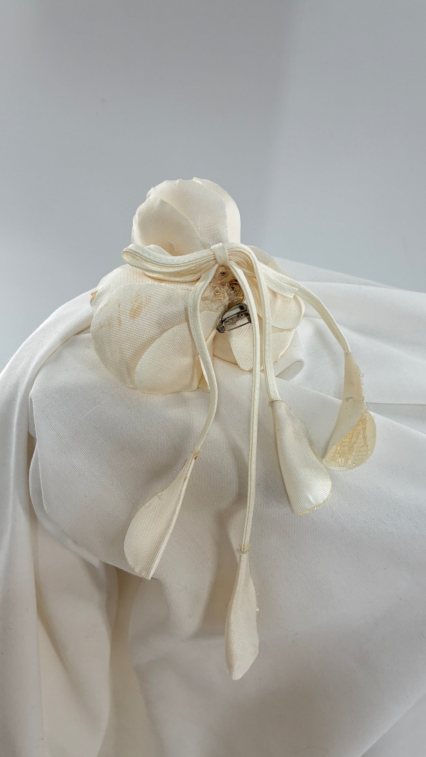 Vintage Brooch Pin: Oversized Rosette Cluster of Handmade Off White Satin and Lace Flowers with Pearl Center