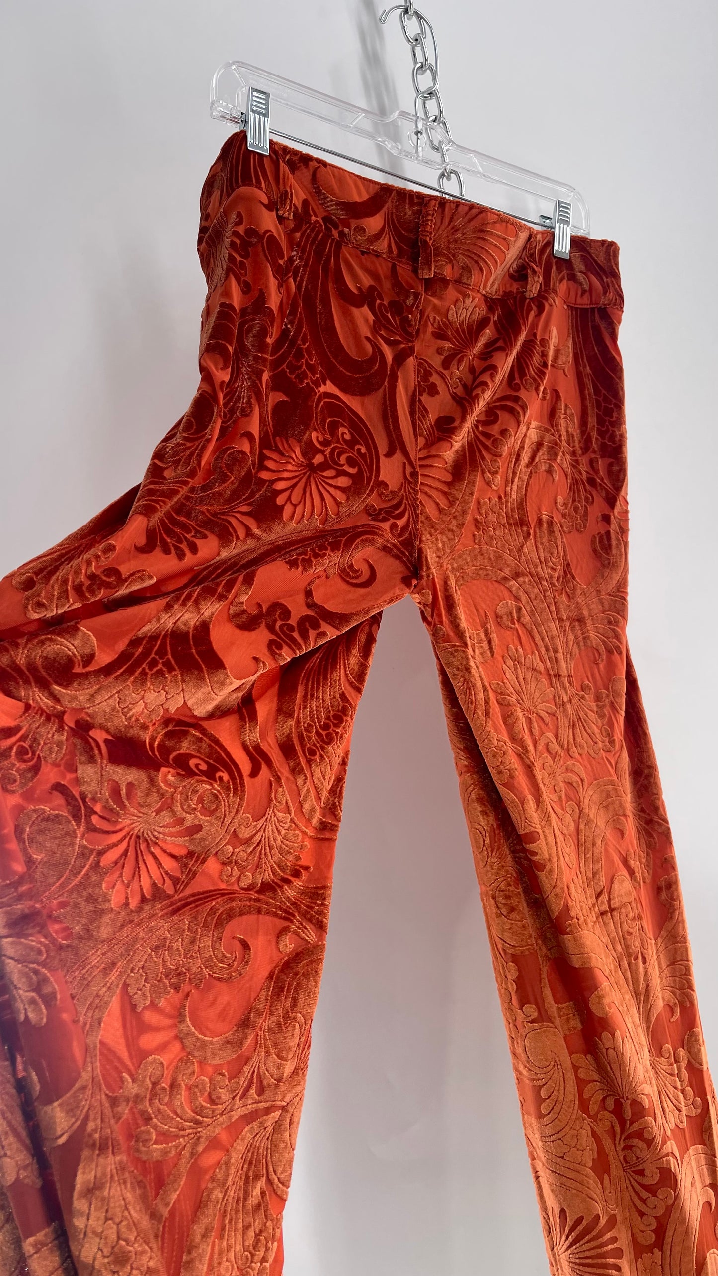 Urban Outfitters Burnt Orange Flares with Velvet Paisley Pattern (12)