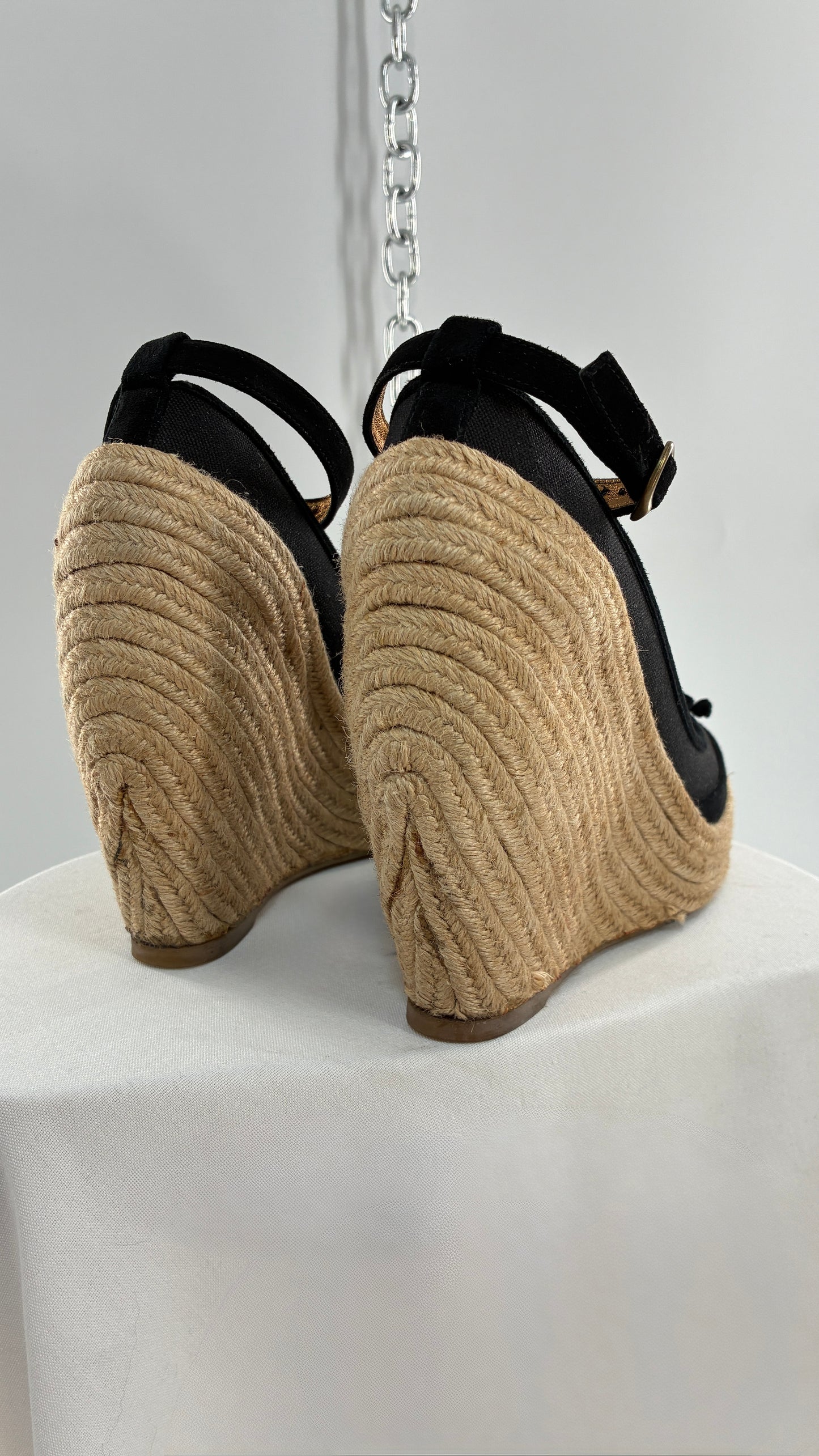 Vintage BCBG MAXAZRIA Black Ballet Wicker Wedge Heels Made in Spain (7)