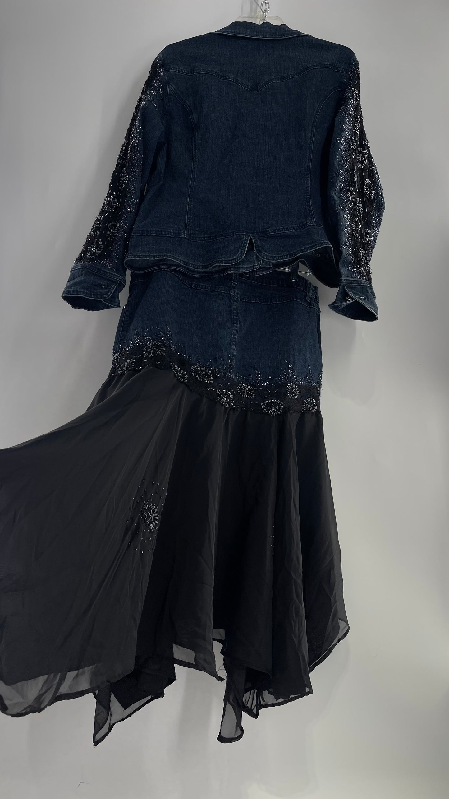 Vintage Ashley Stewart Denim Skirt and Button Up Set with Black Embroidered and Beaded Lace Details + Handkerchief Skirt (16W)