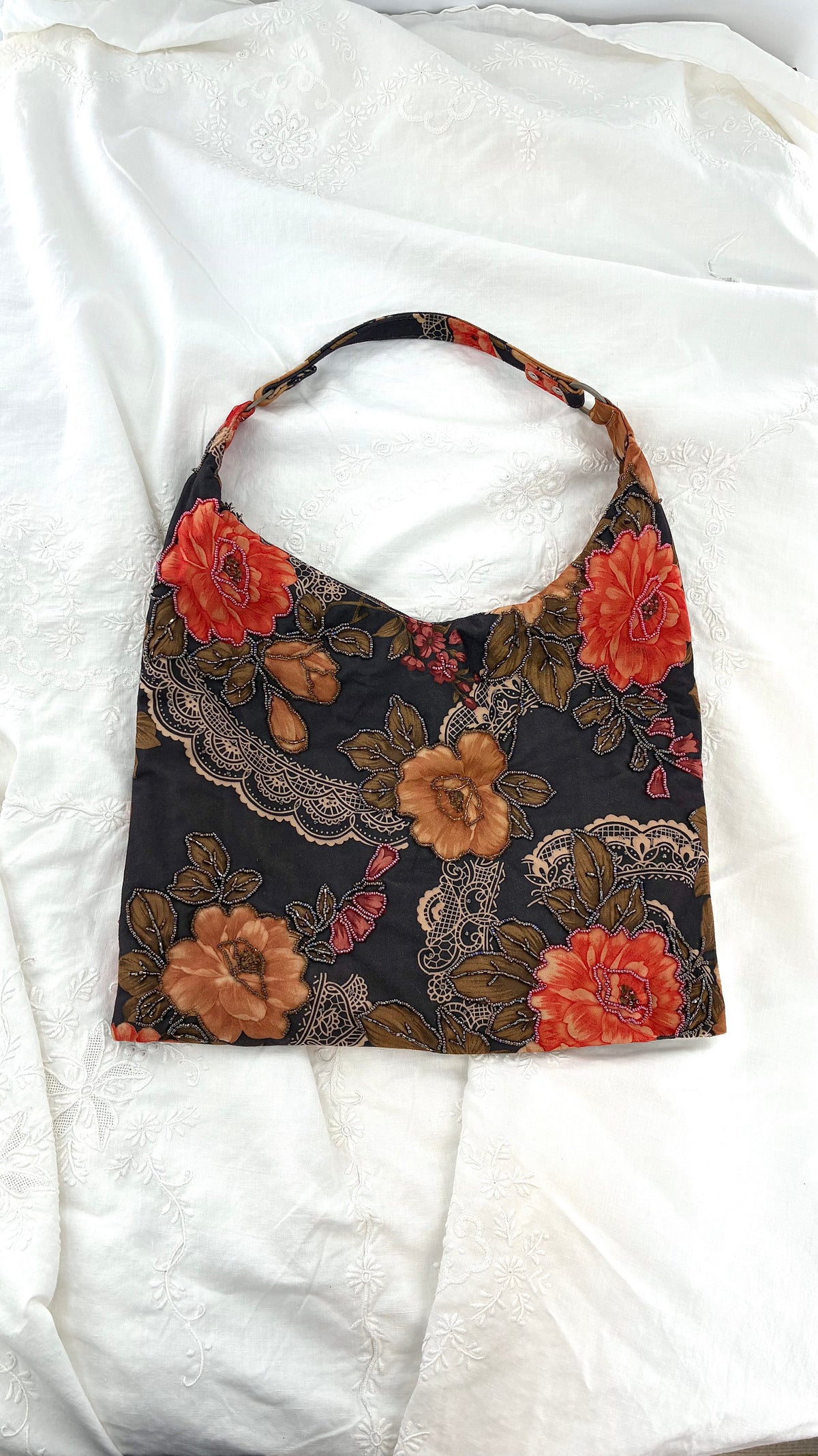 Vintage Brown Floral Paisley Beaded Hobo Shoulder Bag