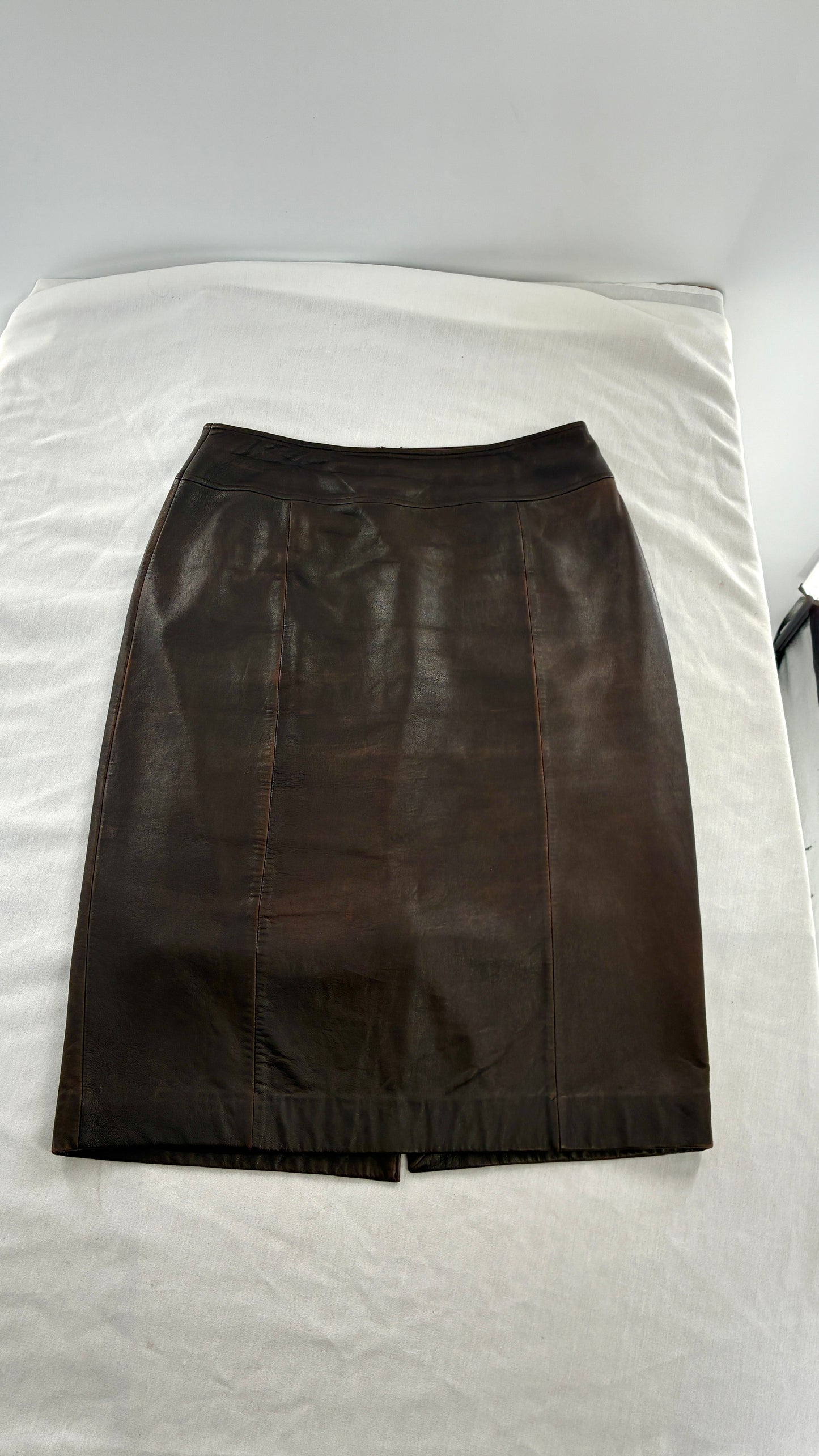 Vintage BROOKS BROTHERS Brown Distressed Genuine Leather Skirt (6)