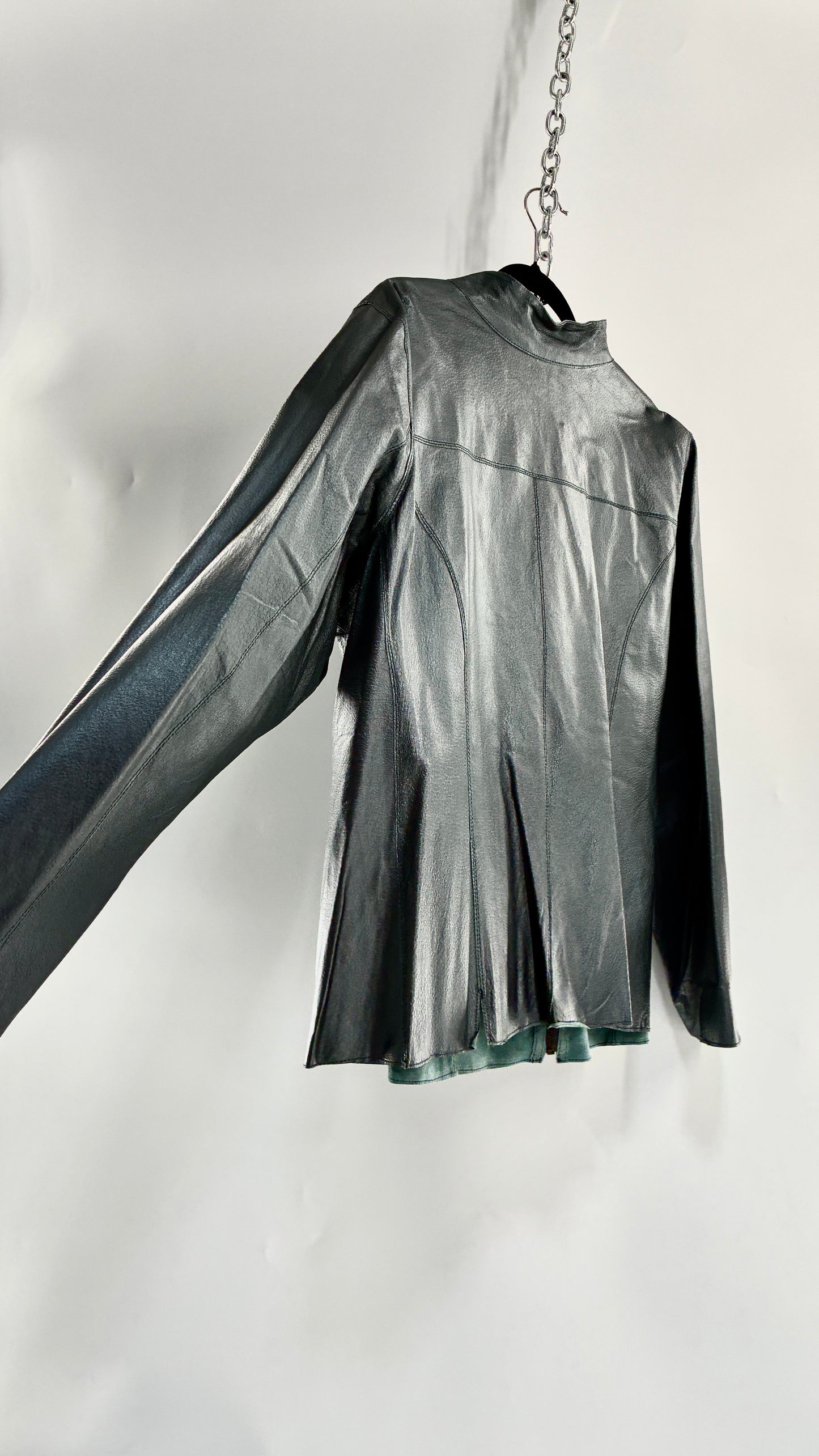 Vintage 1990s Metallic Blue Genuine Leather and Suede Reversible Thin, Zip Up Moto Jacket (XXL)