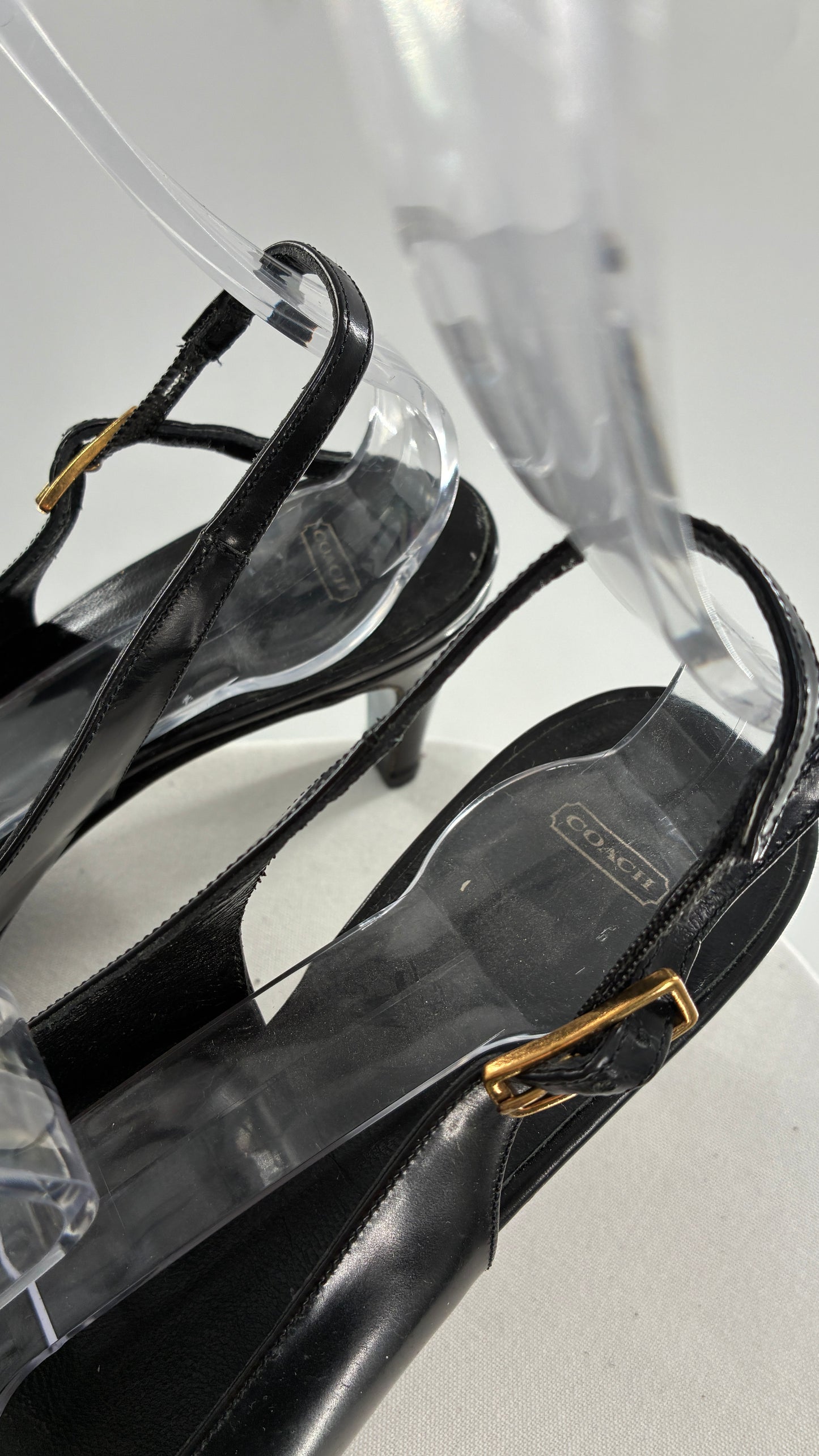 Vintage COACH Black Patent Leather Sling Back Kitten Heel with Brass Closure Detail (8.5)