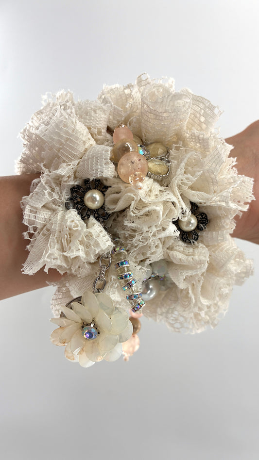 Handmade Oversized Ivory Lace Rosette & Jeweled Charm Statement Cuff