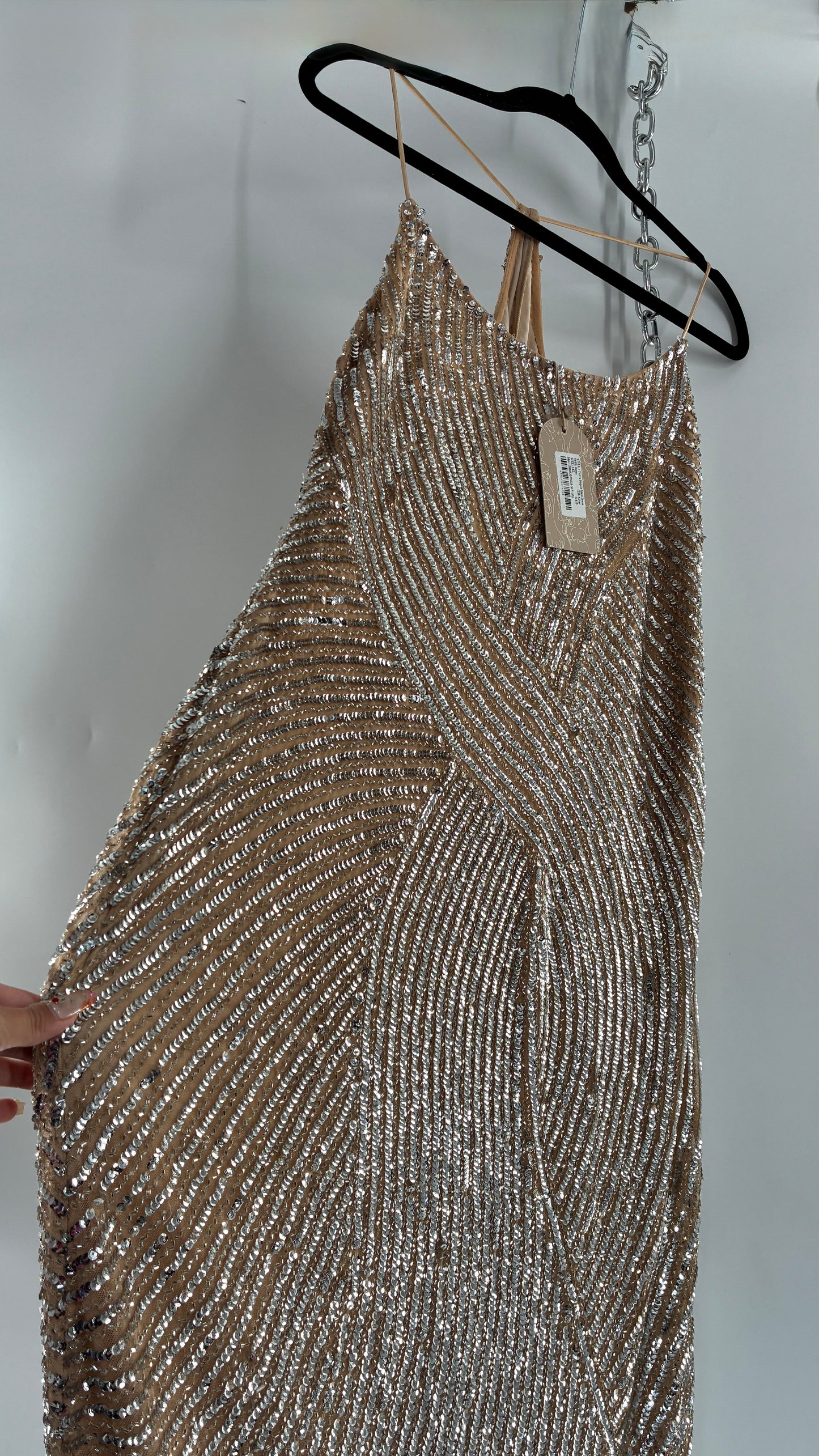 MESHKI Tierra Nude Full Length Dress with Silver Sequins with Tags Attached (XXXL)