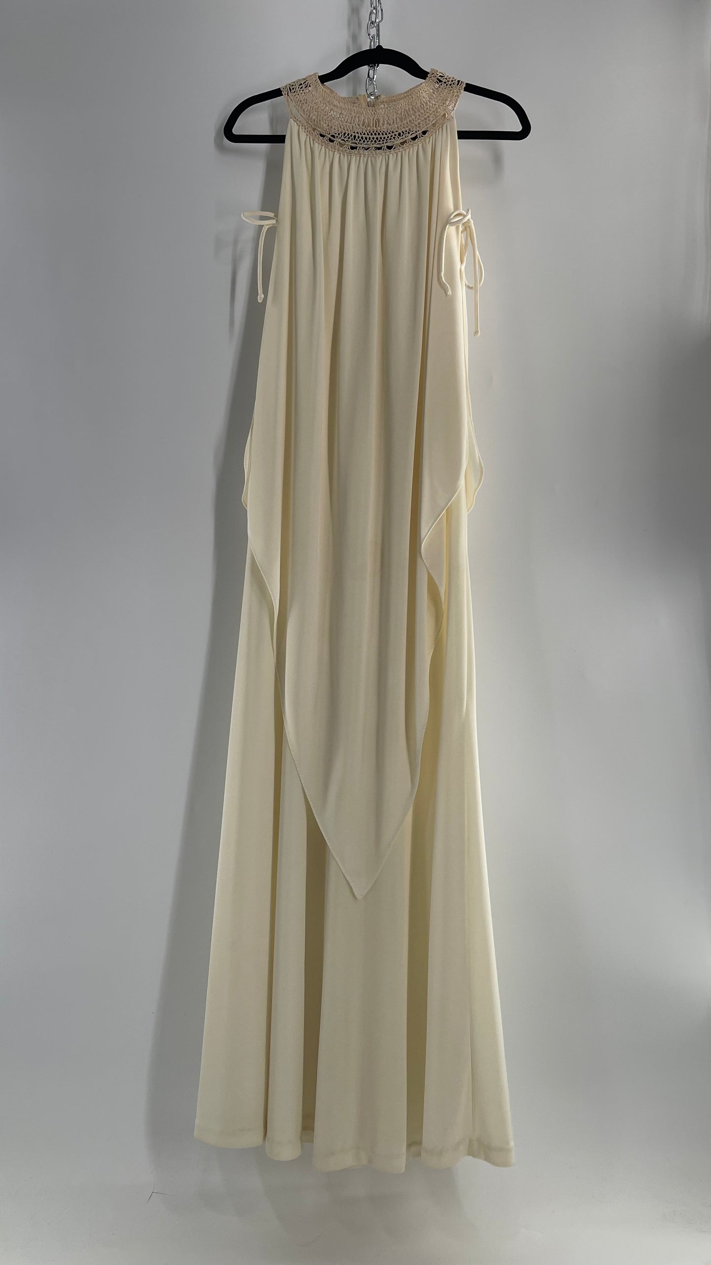 Vintage 1970s Off White Hand Made Goddess Gown with Draping Details, Tie Underarm, Pleated Body and Crochet/Macrame Neckline Detail (XS/S)