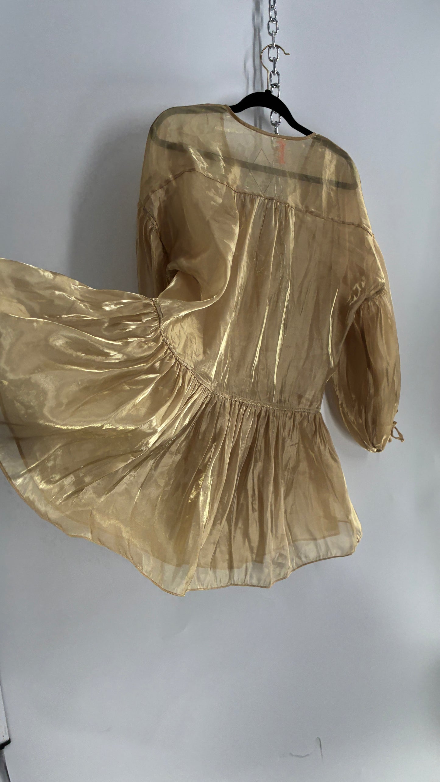 Free People Gold Voile Organza Drop Waist Bubble Sleeve Dress (Medium)